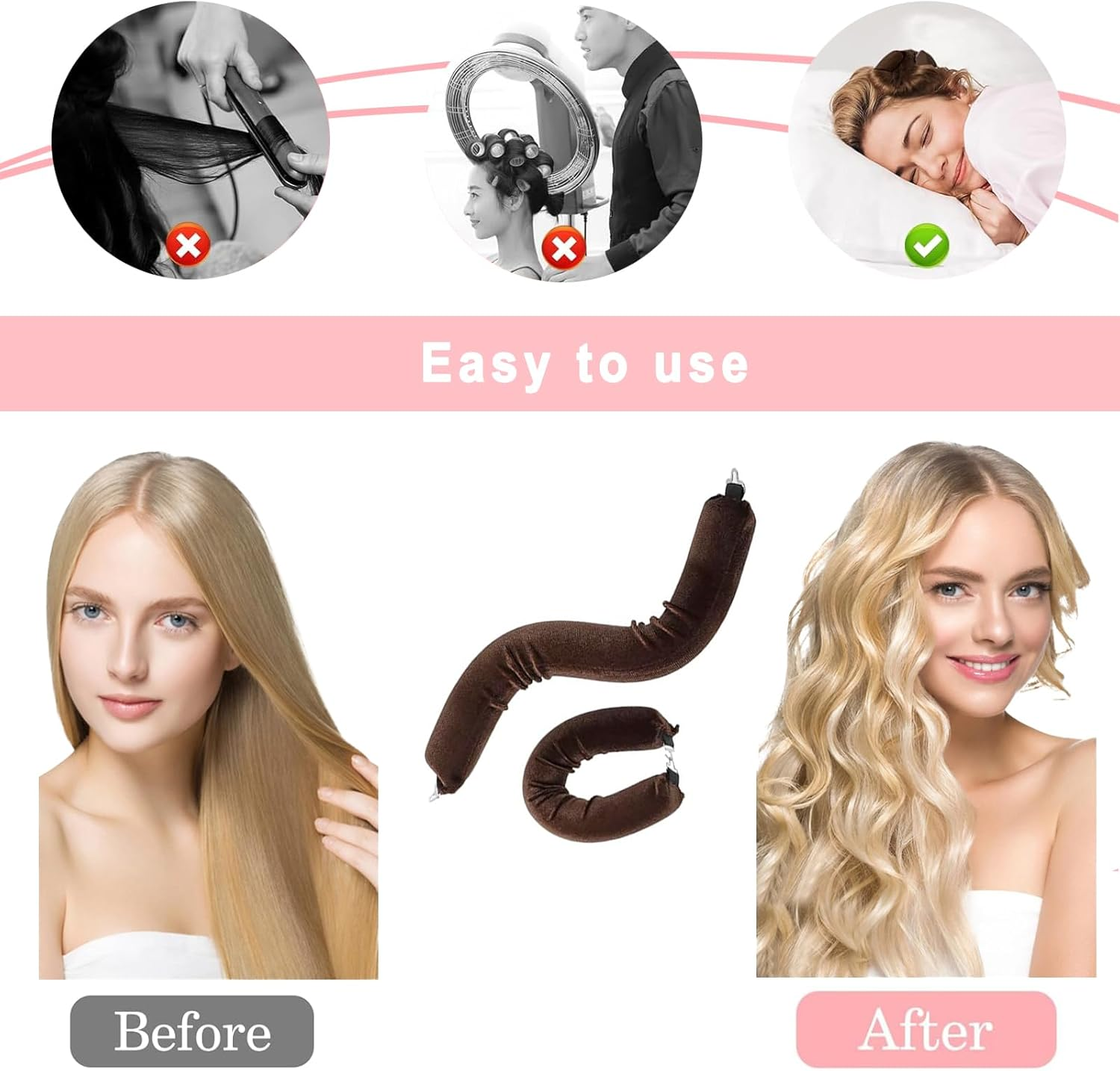 Curlers, Curling Band, Heatless Curls, 3 Pieces Heatless Curls Band, Flexi Bars with Hooks, Hair Curler DIY Hair Curling Band Hairstyle Set, for Short, Medium, Long Hair Girls (Dark Brown) image number 1