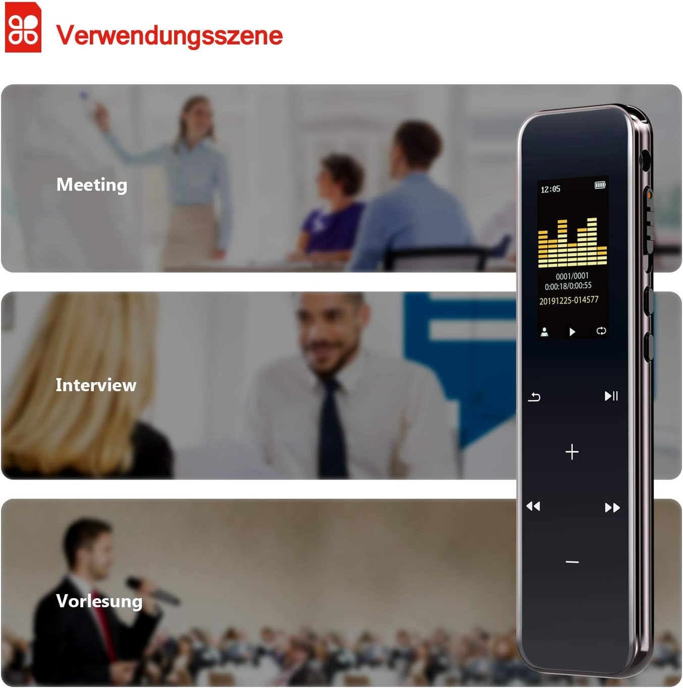 Voice Recorder with Noise Reduction, 16GB, MP3/WAV/WMA, USB Rechargeable, for Lecture/Interview/Meeting