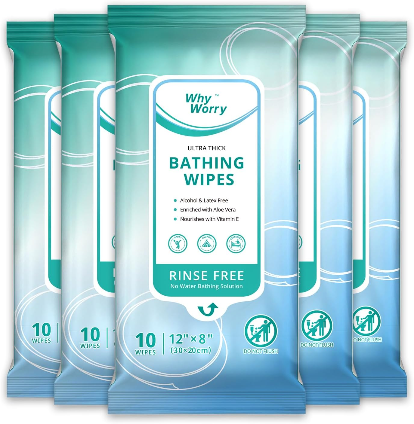 Whyworry Bed Bath Wipes for Adults Rinse Free, Ultra Thick Bathing Wipes with Aloe for Women & Men, 20 X 30 Cm Disposable Cleaning Body Wipes for Gym & Camping, Fresh Scent, 50 Count (5 Packs of 10) image number 5