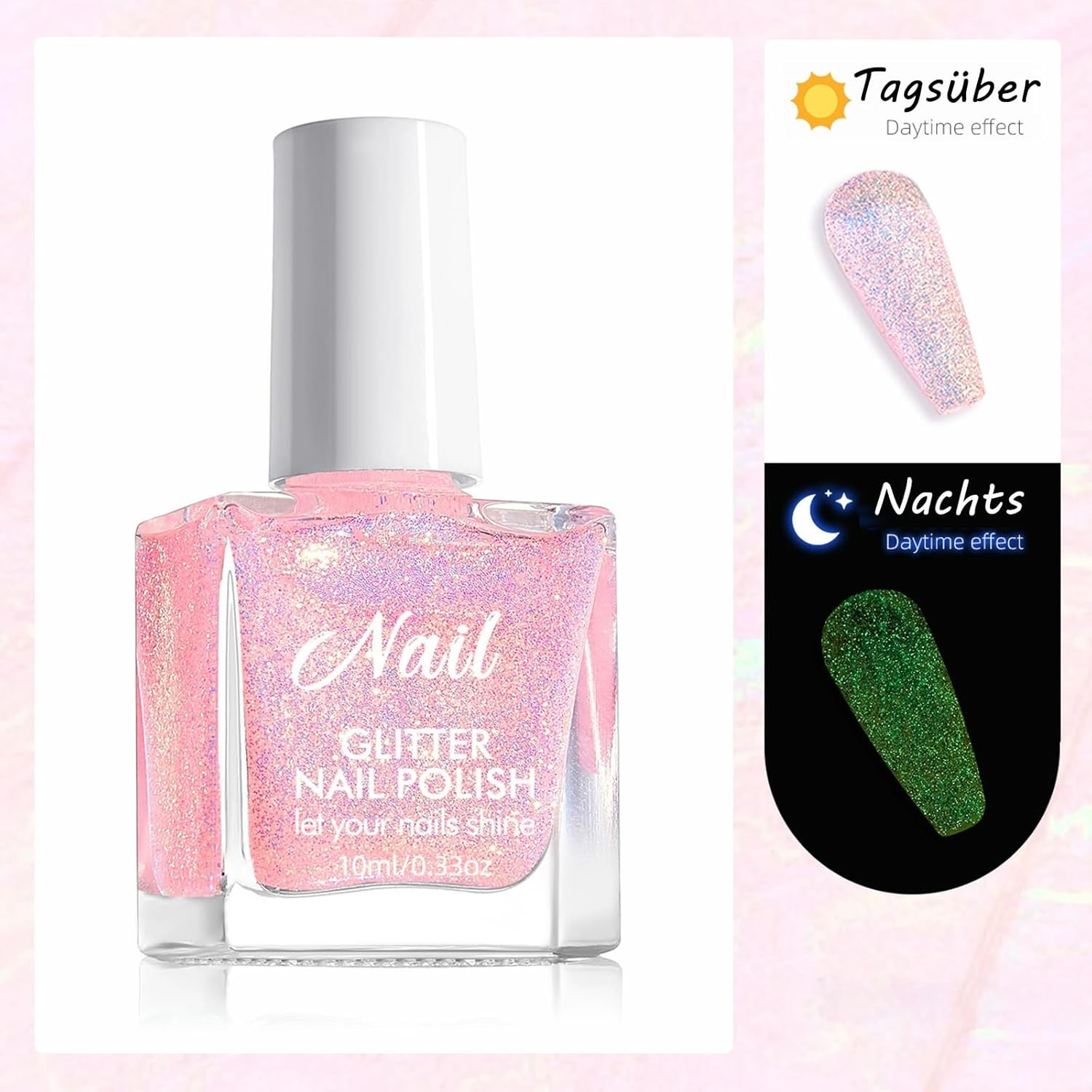 Glitter Nail Polish - Non-Toxic Pink Nail Polish Water-Based, Quick Drying & Long-Lasting Shimmer Colour Coat, Reflective Glitter Quick-Dry Nail Polish for DIY Nail Art, Manicure at Home (Pink) image number 6