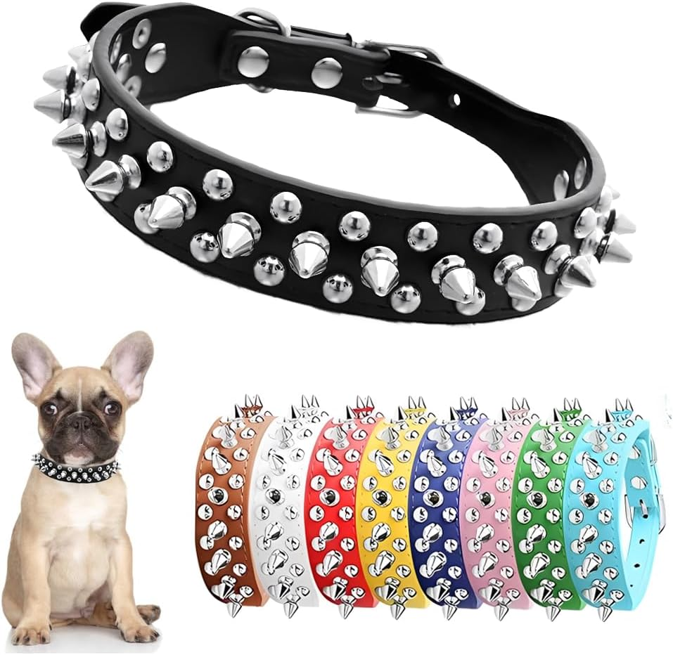 Spiked Dog Collar for Small Dogs Soft PU Leather Spike Puppy Collar anti Bite Studded Rivet Cat Collar for Kittens Small Medium Pets like Chihuahua Pug Pit Bull Bulldog, Pink S