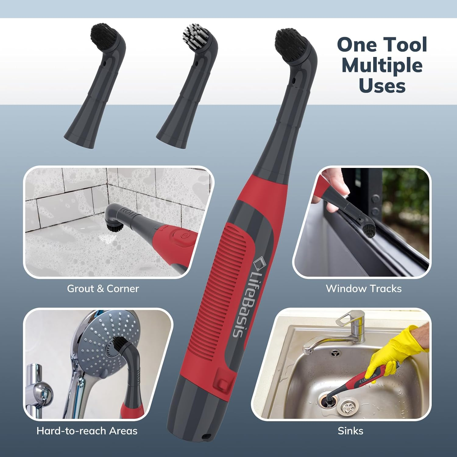 Lifebasis Cordless Electric Cleaning Brush &ndash; Handheld Power Scrubber with 2 Replaceable Heads, IPX7 Waterproof, for Grout, Tile, Sink, Kitchen, Bathroom & Corner Cleaning - Red image number 1