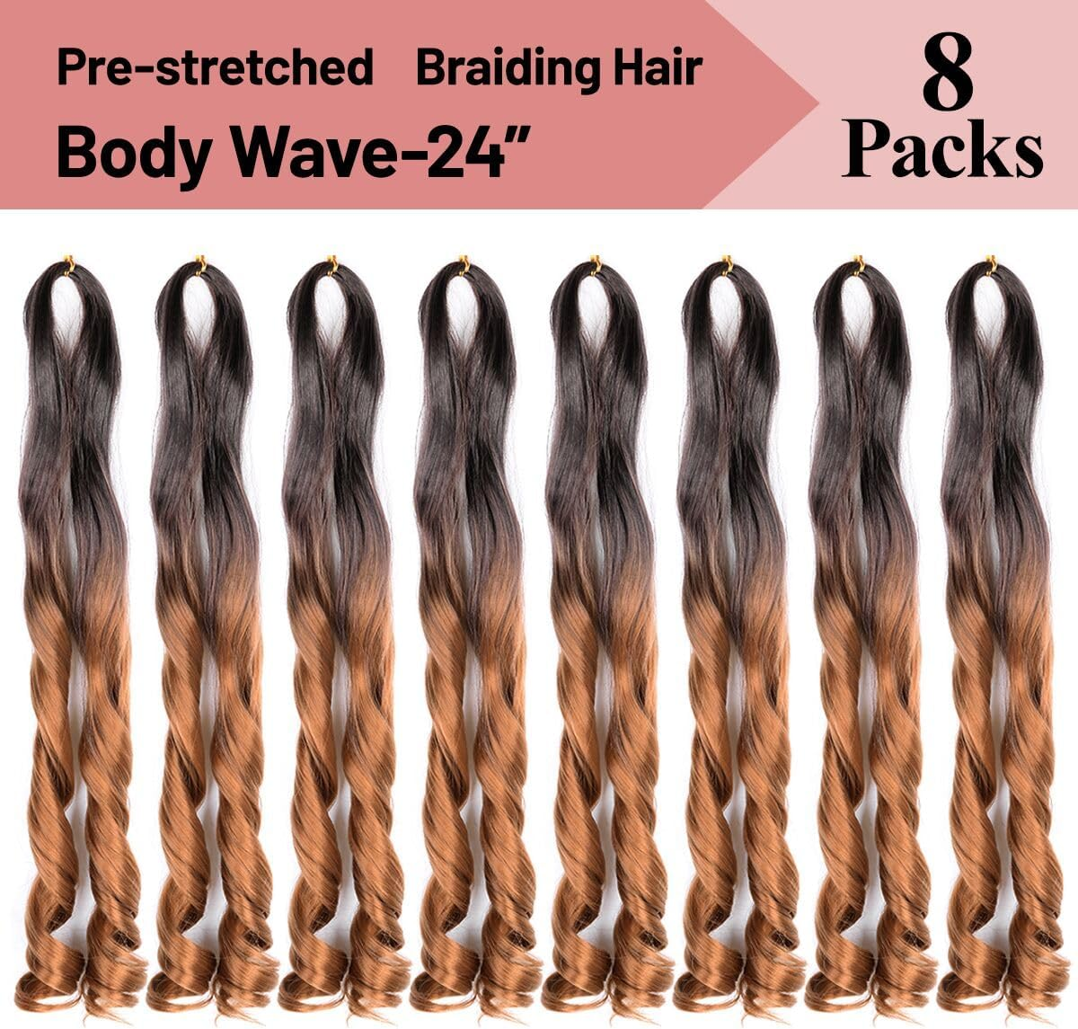 Luoyudu French Curly Braiding Hair,24 Inch #T4/30 Loose Wavy 8 Pack Bouncy French Curl Braiding Hair Extensions 75G/Pack Synthetic Crochet Hair Extensions (T4/30,8Pack)