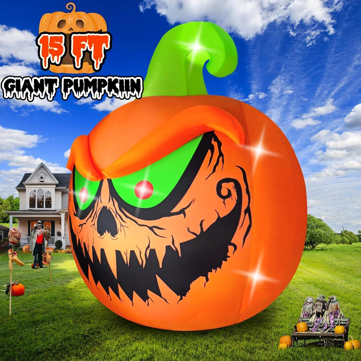 EBANKU 15 FT Giant Halloween Inflatable Pumpkin Outdoor Decorations Blow up Yard Build-In Leds for Halloween Outdoor Indoor Garden Lawn Yard Party Decor image number 1