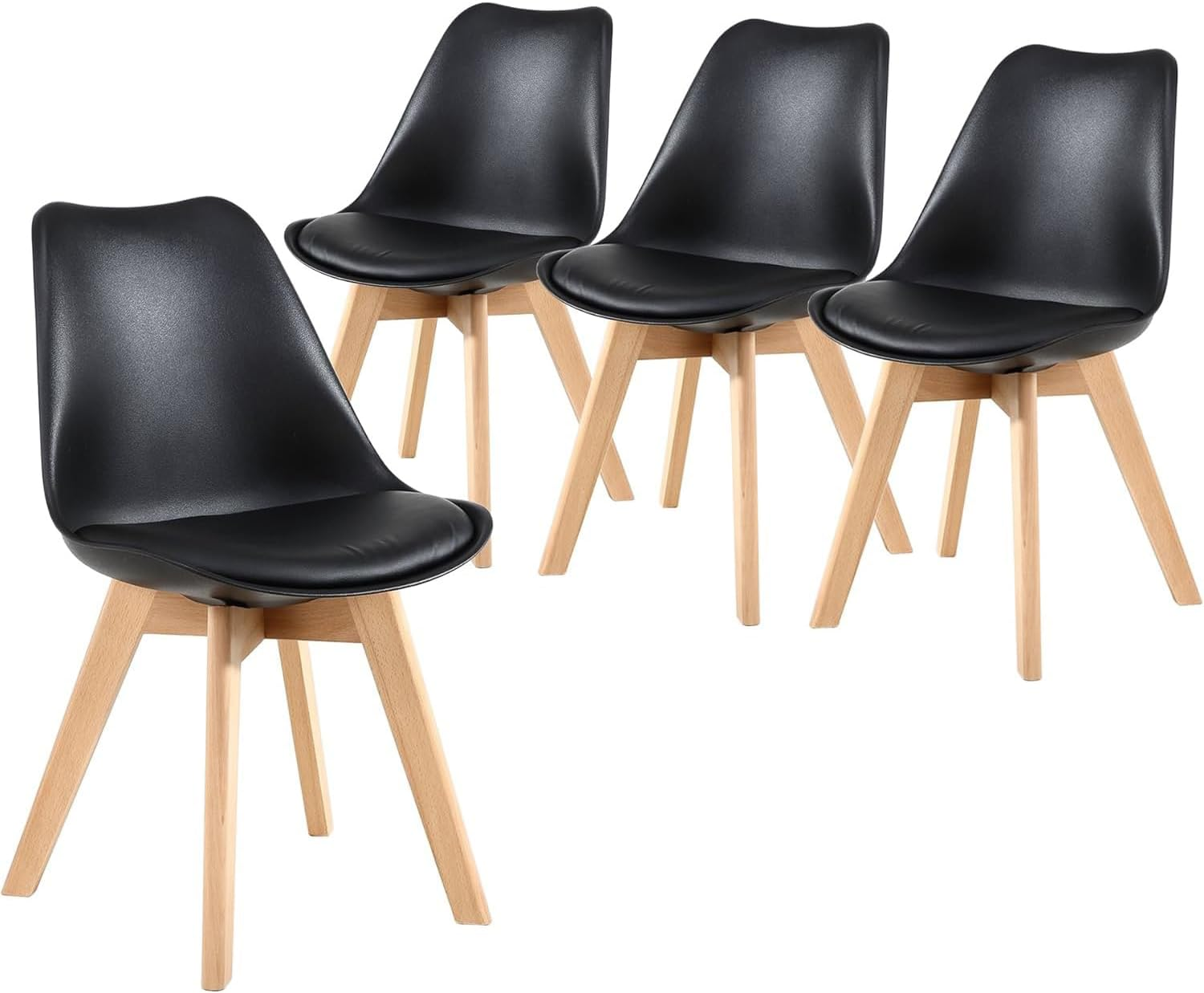 Dining Chairs Set of 4, Kitchen Chairs with Waterproof PU Leather Wood Legs, Morden Non-Slip Protectors Side Chair Upholstered Tulip Chair for Dining Room Living Room Bedroom