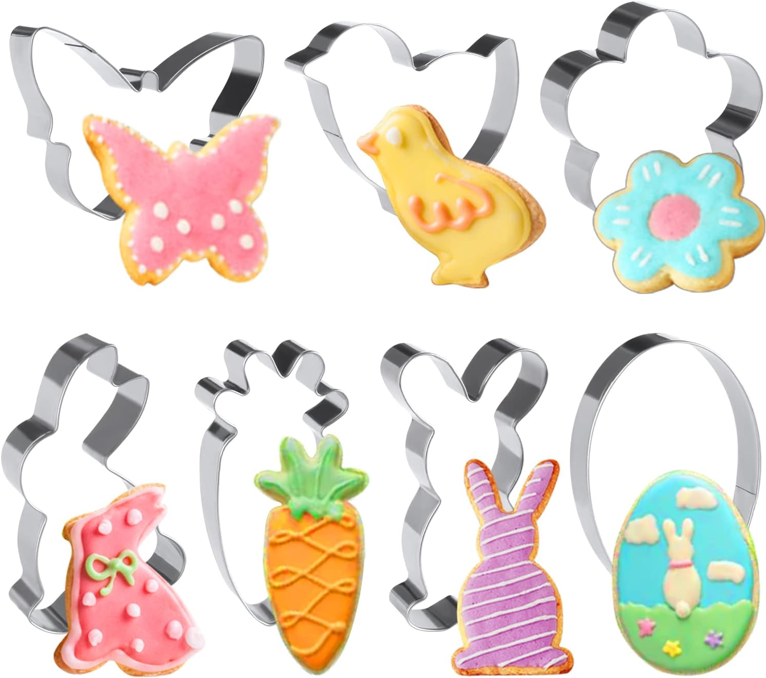 DERAYEE Easter Bunny Cookie Cutters, 7 Pack Easter Cookie Cutter for Baking Egg Cookie Cutter, Egg, Chick, Carrot, Flower, Butterfly Shapes