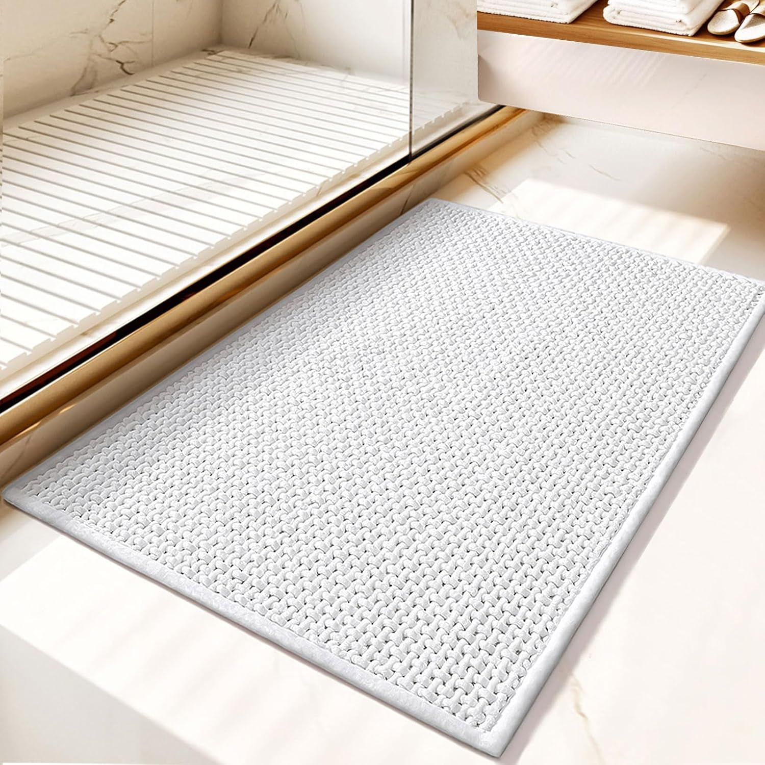 MOSISO Chenille Bathroom Rugs, 20 Inch X 32 Inch Non Slip Plush Shaggy Bath Carpet, Extra Soft and Absorbent Waffle Bath Mat for Bathroom Floor, Tub and Shower, Sink, Vanity, Grey