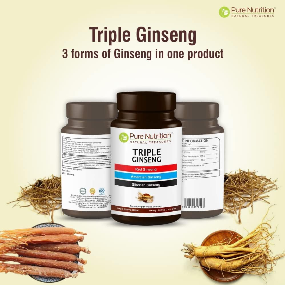 Pure Nutrition Triple Ginseng - Unique and Effective Combination of Red Ginseng, American Ginseng and Siberian Ginseng. 790Mg per Capsule | 60 Veg Caps Pack