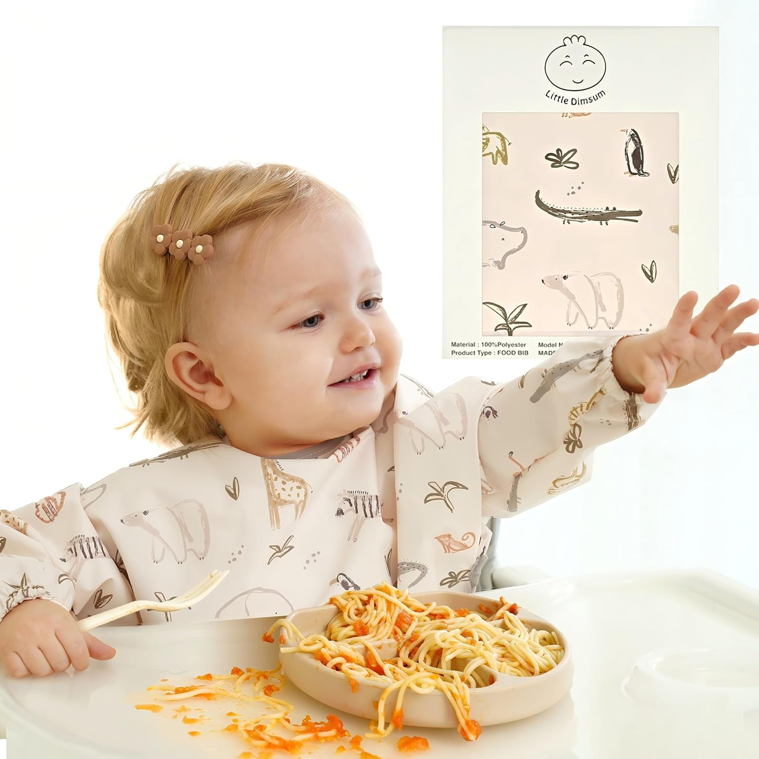 Little Dimsum Mess-Proof Baby Bibs|Infant Toddler Long Sleeve Waterproof Feeding Smock|Catching Food & Wipe Clean(Zoo) - Coconut Tree image number 5