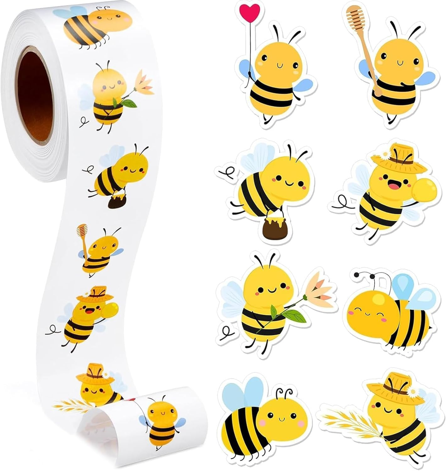 YSHIGUING Pack of 500 Bee Stickers Cartoon Bees Reward Stickers Roll Waterproof Vinyl Stickers Bee Labels Stickers Self-Adhesive Wall Stickers with Animals for Birthday Theme Party Decor image number 1