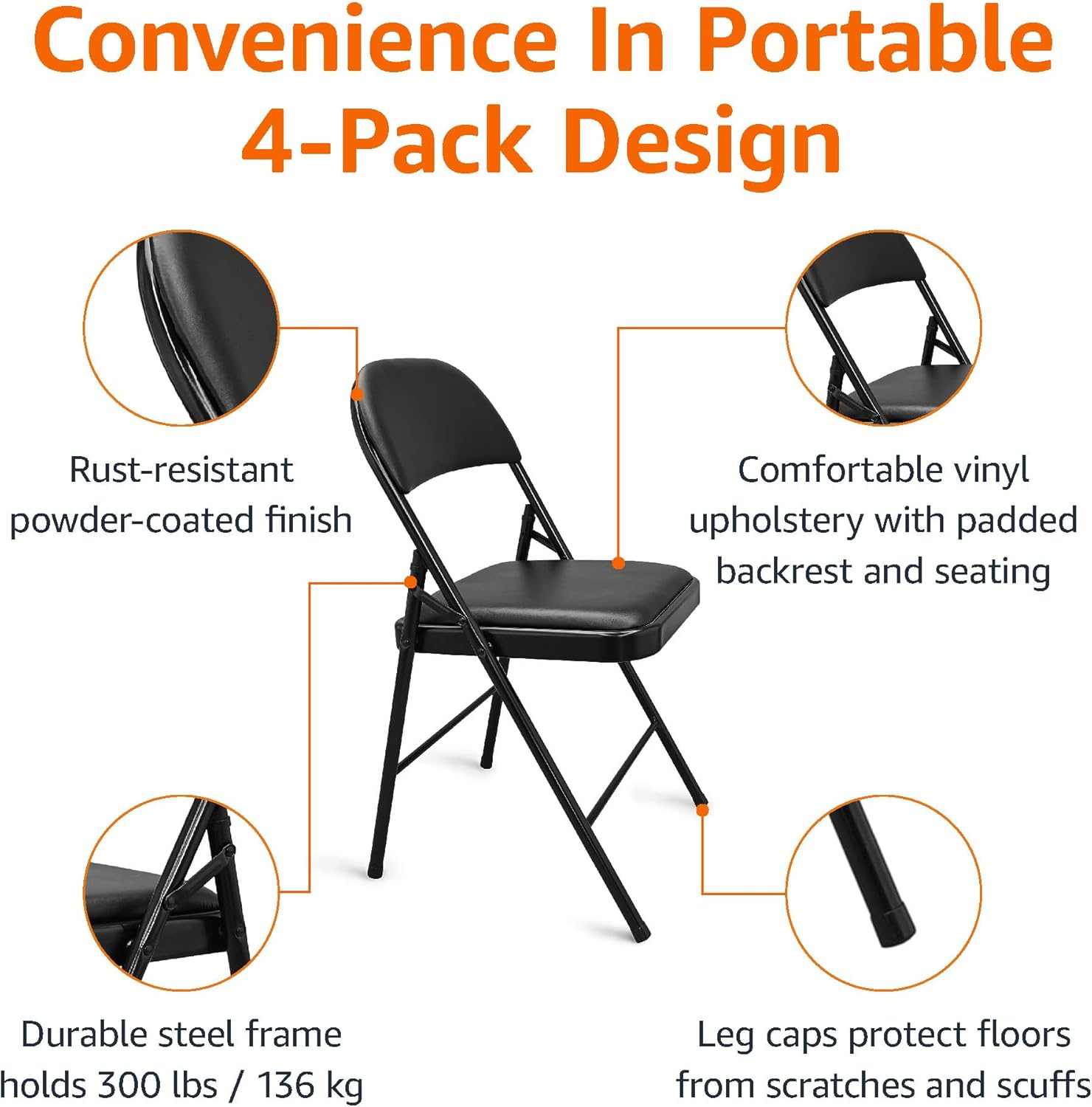 Amazon Basics Vinyl-Padded Folding Chairs 136 Kg Weight Capacity, Black 4 Pack image number 4