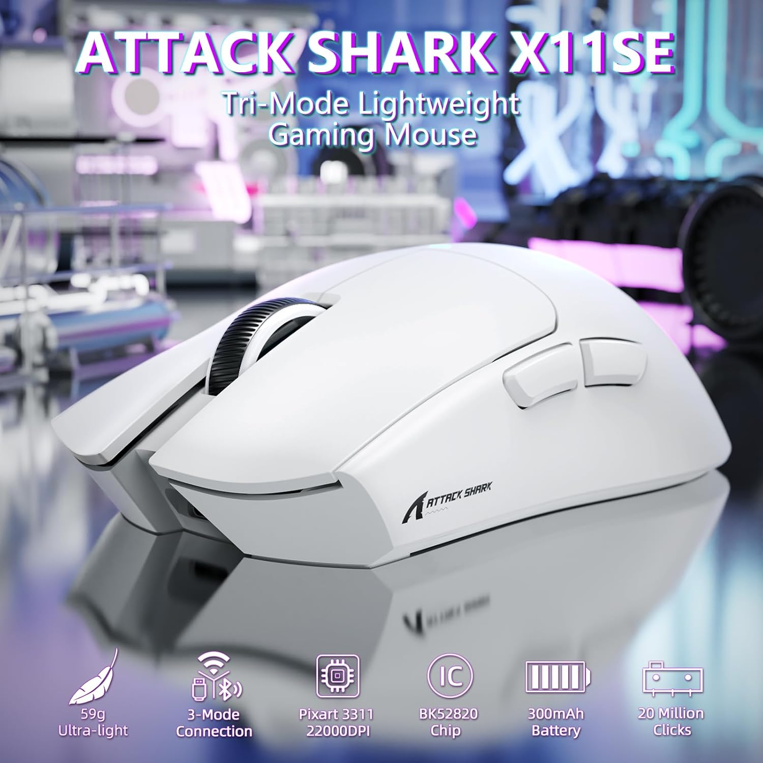 MAMBASNAKE Attack Shark X11SE Lightweight Wireless Gaming Mouse, Tri-Mode 2.4G/USB-C Wired/Bt, 22K DPI, PAW3311 Optical Sensor, 59G, 5 Programmable Buttons, 300Mah Battery for Pc/Mac(White) image number 6