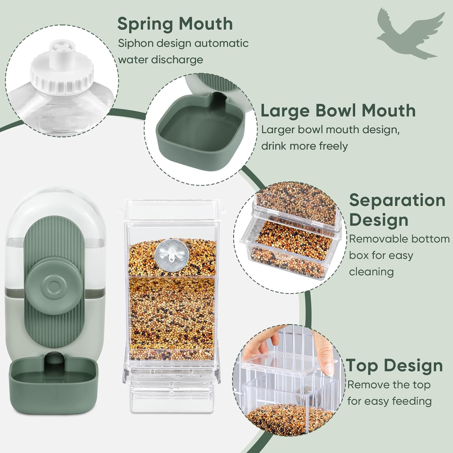 Bird Feeder and Water Dispenser Set, No Mess Automatic Feeding and Hydration, Parakeet Cage Accessories for Parrots, Cockatiels, Finches, Lovebirds and Budgies (Green) image number 4