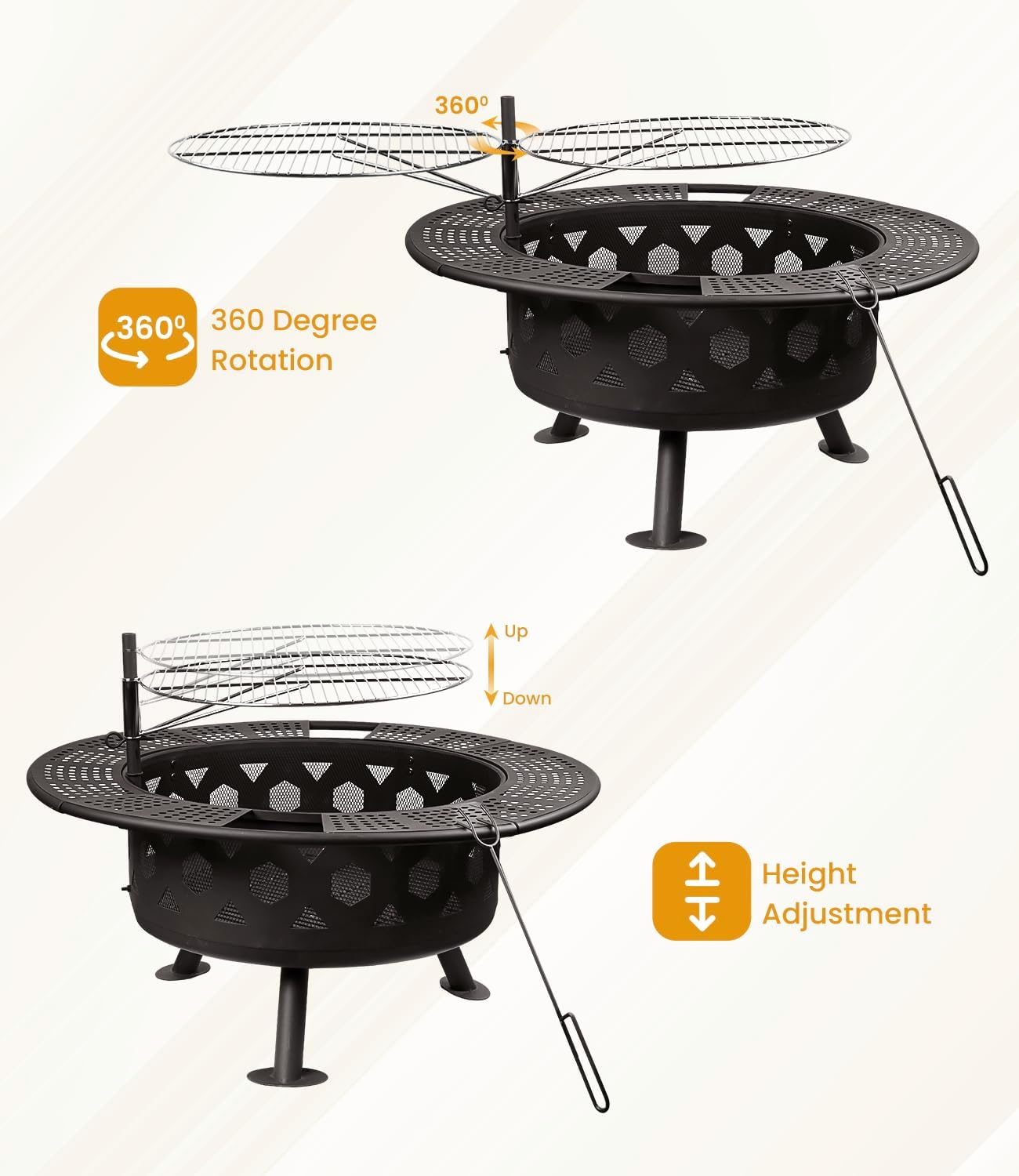 Bettermade 32 Inch Outdoor Fire Pit, 2-In-One Large Camping Fire Pits for outside with Cooking Grill and Fire Poker, Wood Burning Firepit for Bbq,Warm Up, Patio, Bonfire, Camping, Picnic. image number 4