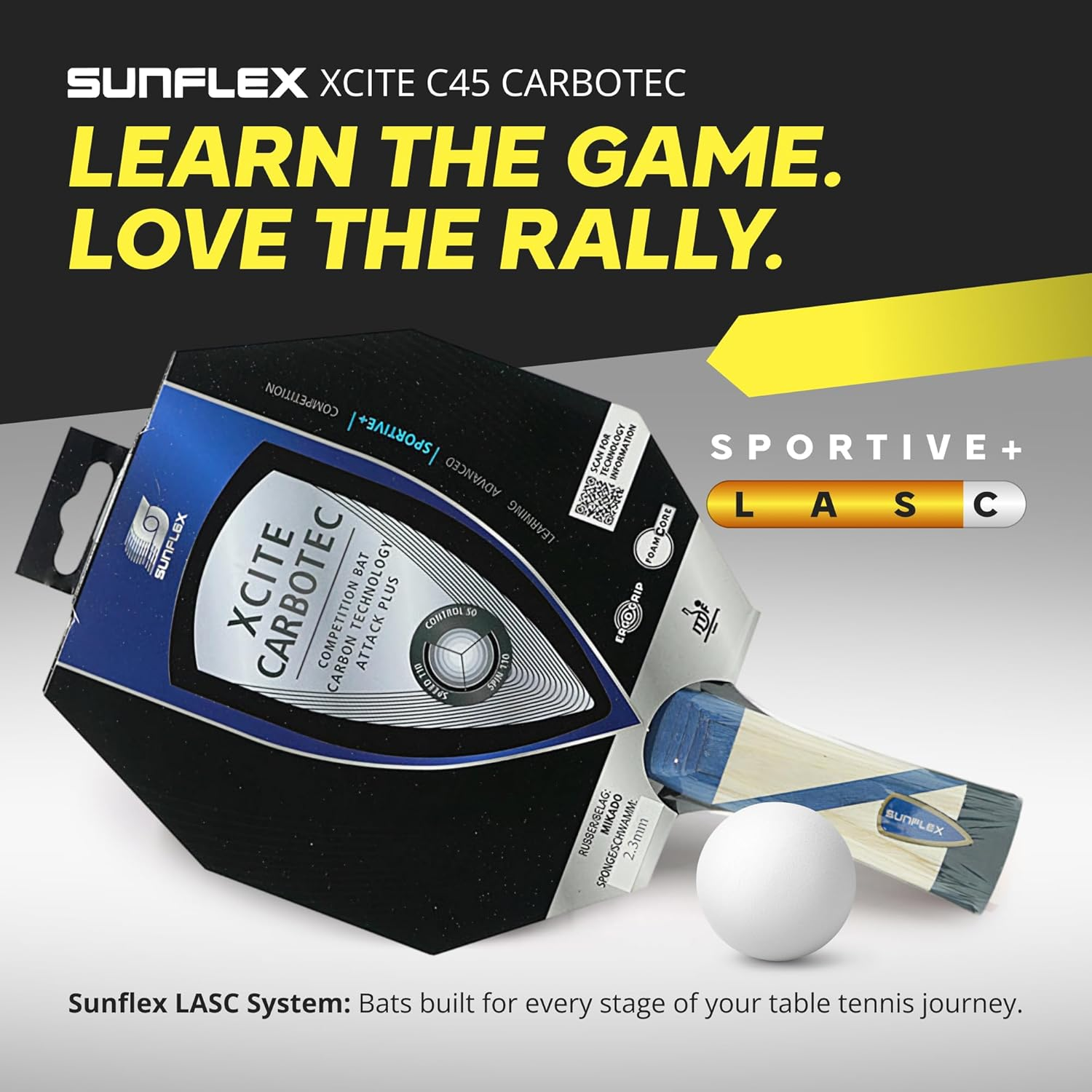 SUNFLEX Xcite C45 Carbotec Table Tennis Bat, Competition Level Bat, with Carbon Power Blade & Foam Core Grip for Precision Control, ITTF Approved Mikado Rubber & 2.3Mm Sponge image number 5