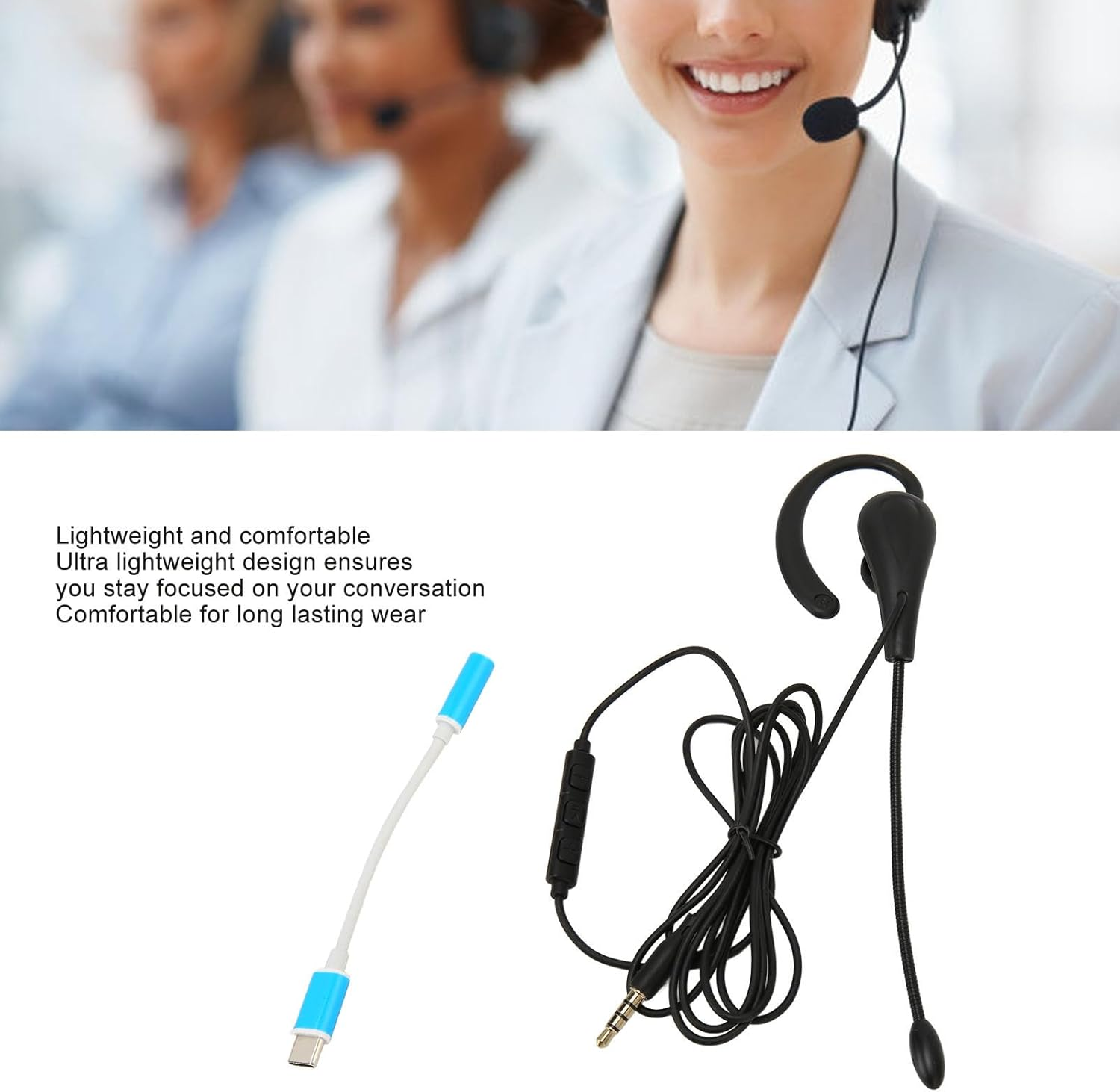 Annadue Lightweight Mono Earphone Headset Noise Cancelling Microphone Wired for Call Centre Office (Type-C) image number 3