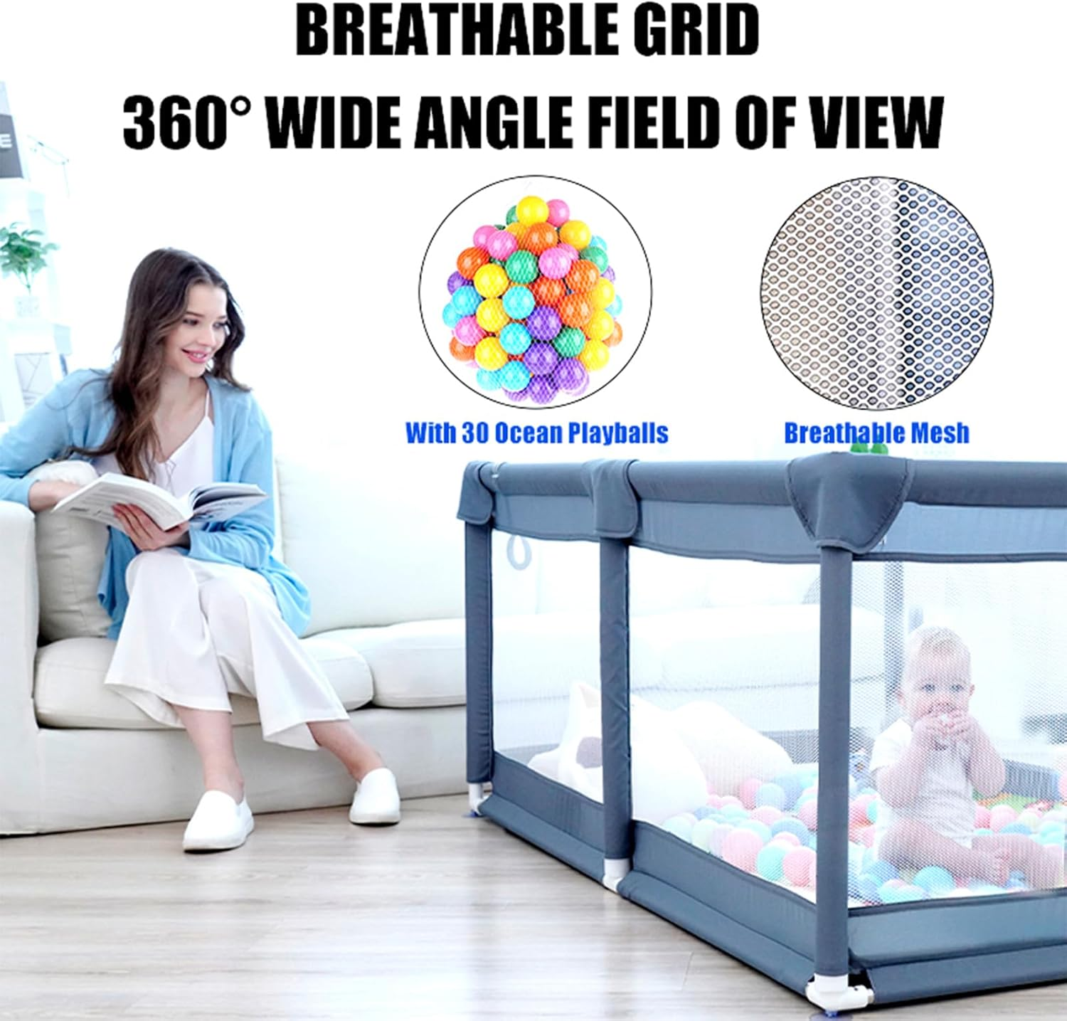 Baby Playpen, 150 X 180 X 68Cm Large Playpen for Baby and Toddlers, Large Playard, Anti-Collision Foam Playpens with Breathable Mesh for Babies, Safety Play Yard for Toddler - Grey image number 3