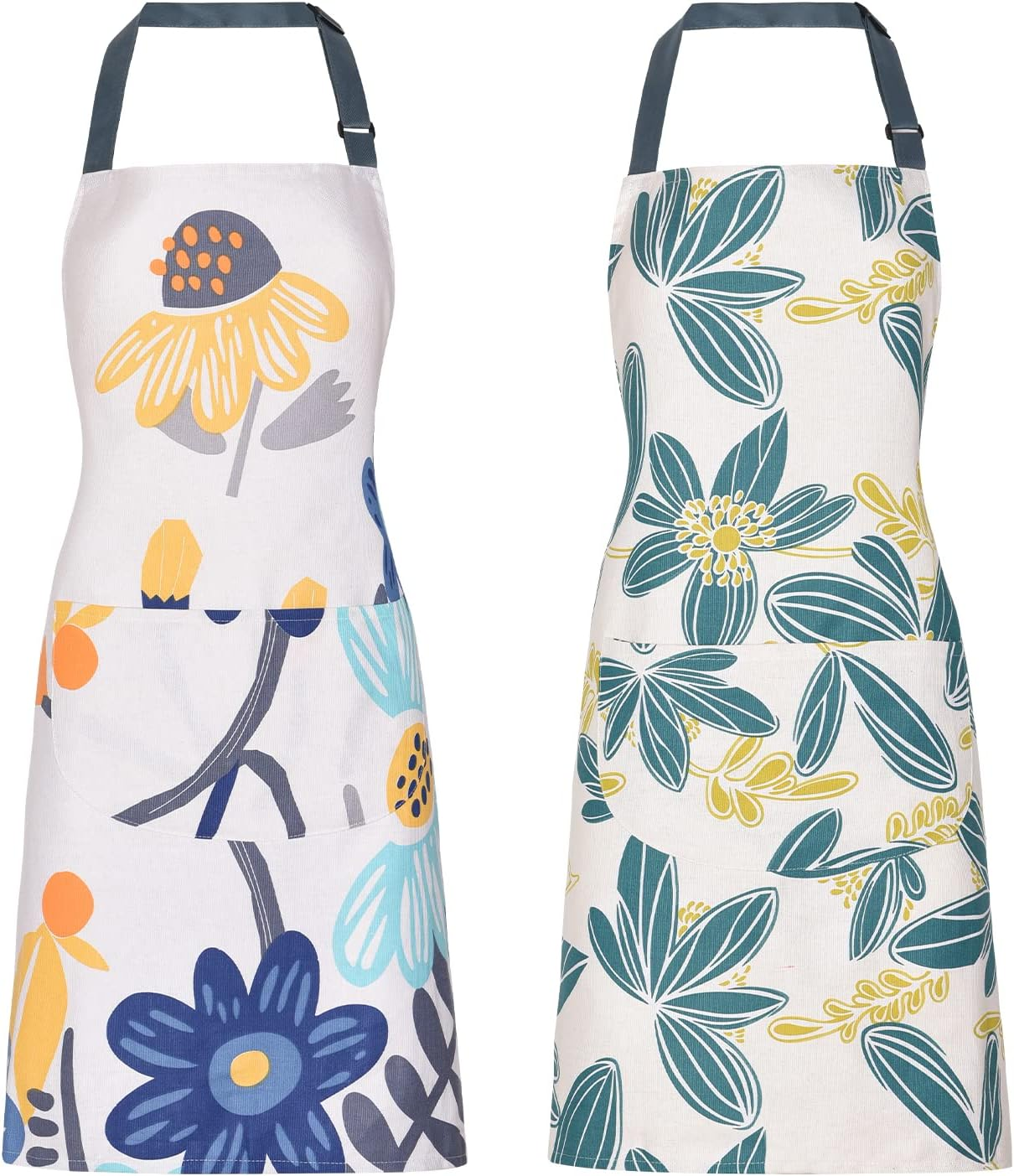 2 Pack Floral Apron for Women with Pockets, Adjustable Cotton Chef Aprons for Kitchen, Cooking, BBQ & Grill image number 2