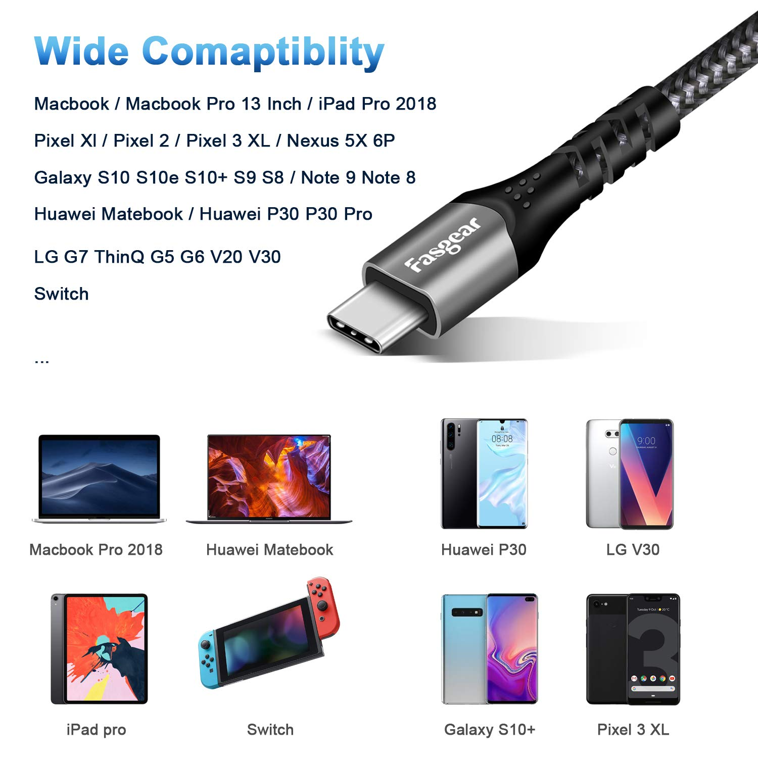 Fasgear 6Ft USB C to USB C Cable 100W Power Delivery (PD) Nylon Braided 20V/5A Fast Charge and High Speed Data Sync Type-C to Type C 2.0 Cable Compatible with 2019 Mac-Book Pro 16", 2018 Mac-Book Air,2018 I-Pad Pro,2017/2018 Mac-Book Pro,Galaxy Note 10 S10 S9 (1.8M,Black) image number 3