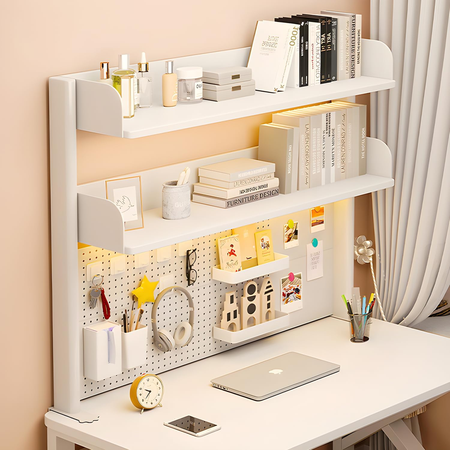 AIMANWEI Clamp-On 31.5 Inch above or below Desk 3-Tier Shelving, Desk Organizer Shelf for Office Accessories, Gaming Devices with 20 Pieces Storage Accessories (White) image number 6