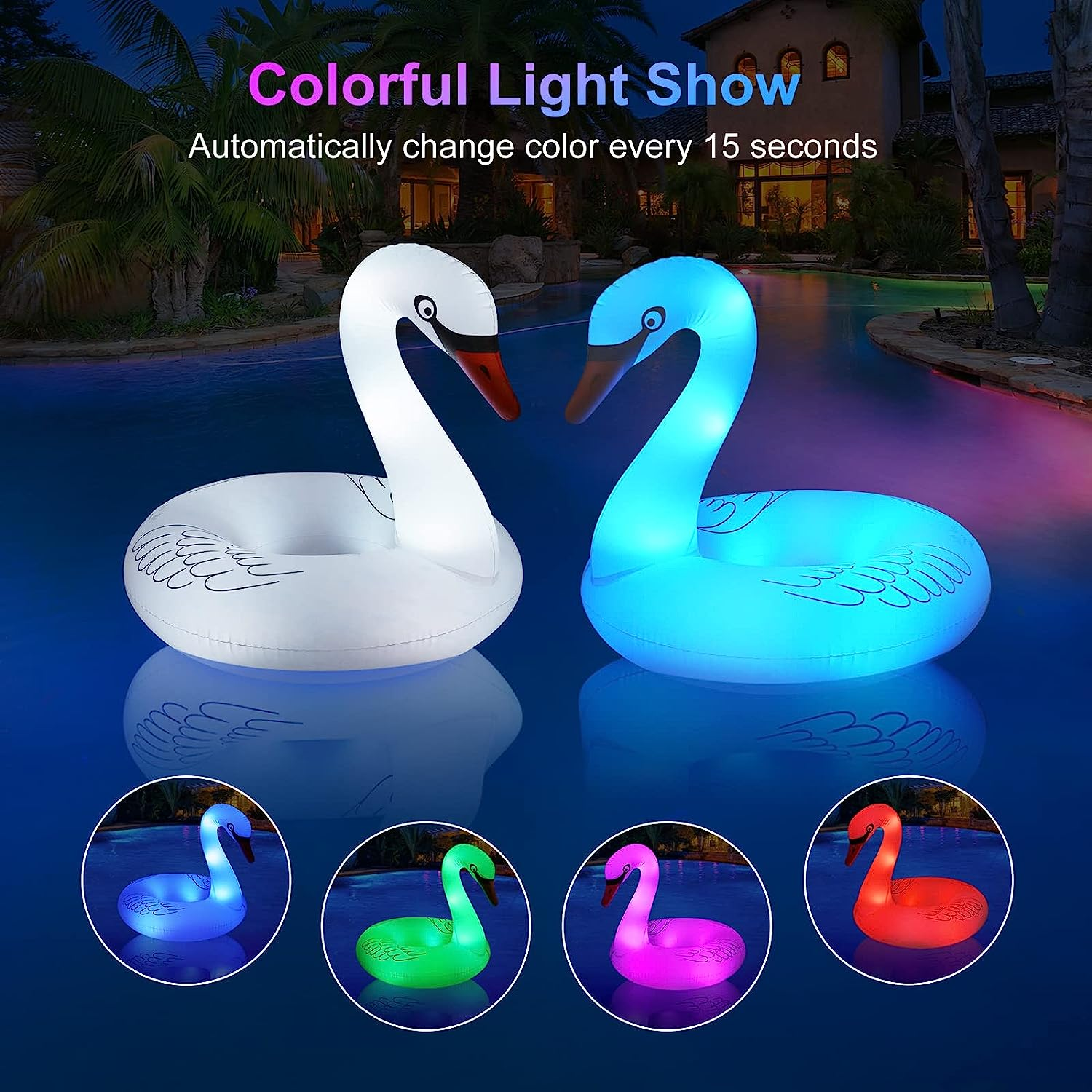 Inflatable Swan Pool Float with Colorful Lights, Flyfreeu Solar Powered LED Color Changing Swan Swim Tube Rings, 42'' Large Pool Beach Floaties Lake and Beach Floaty Summer Pool Raft Lounge for Adults