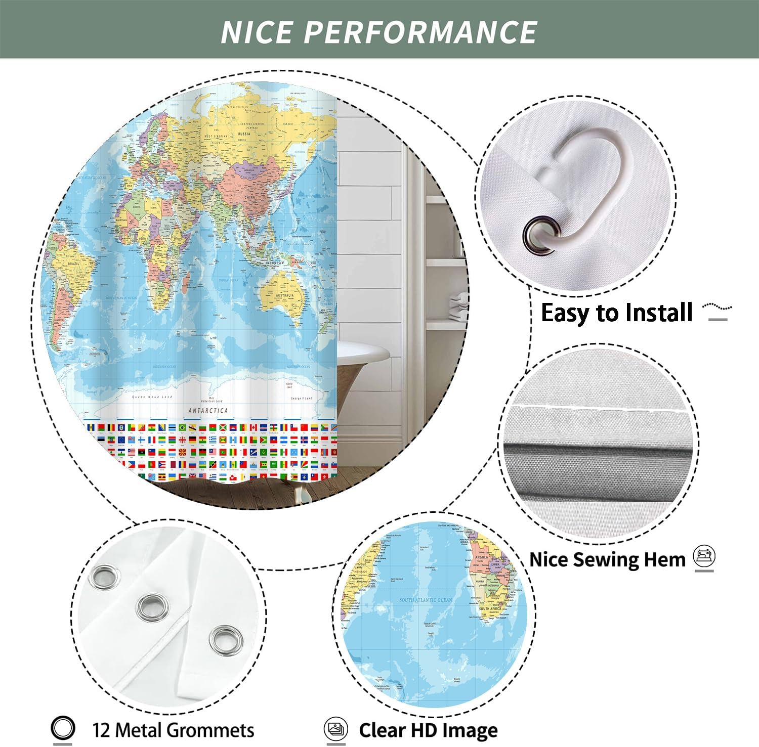 Itapnoom World Map Shower Curtain, Map of the World with National Educational Fabric Shower Curtains Set for Bathroom Boys Girls Kids Map Bath Decor with Hooks 72 X 72 Inch image number 1