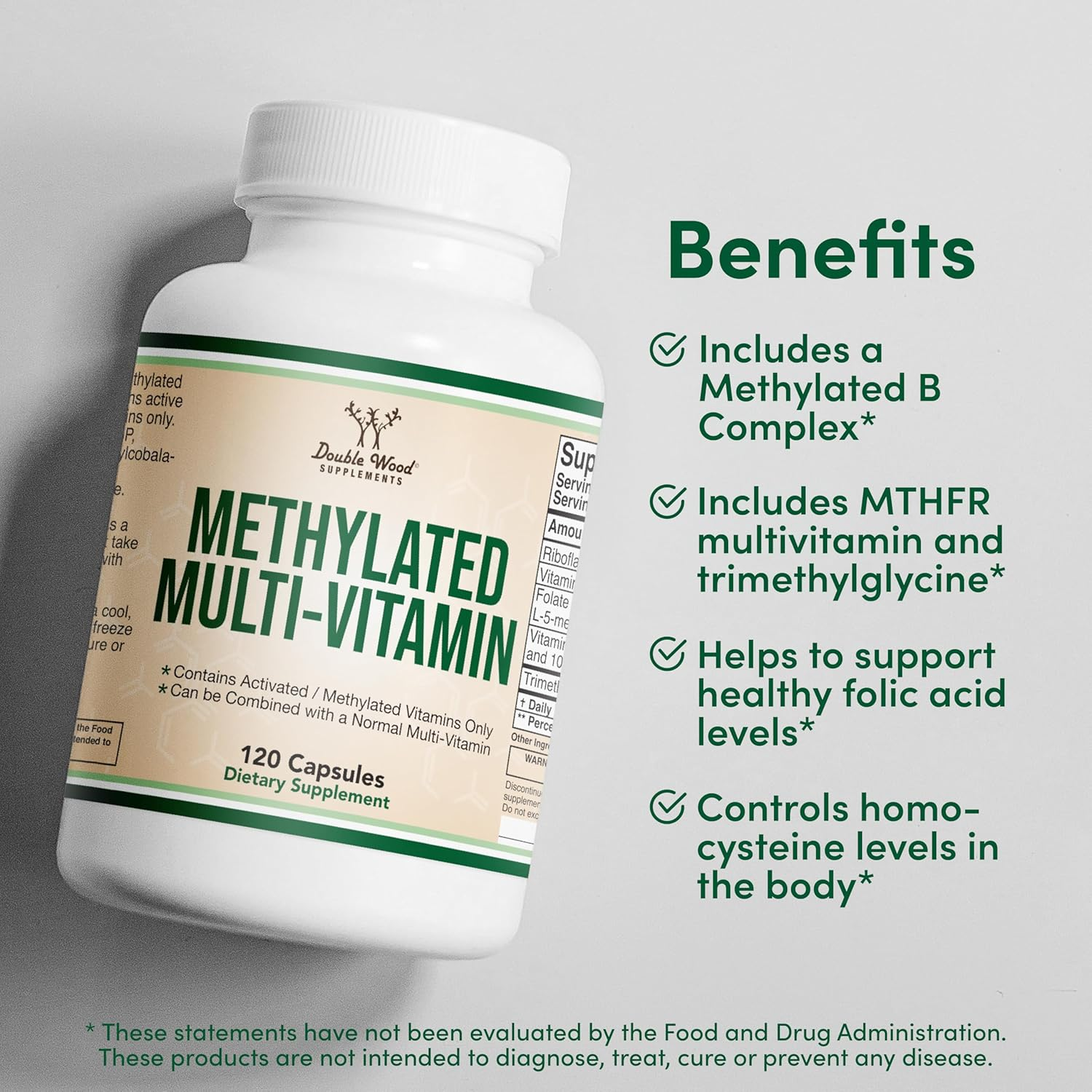 Methylated Multivitamin (Methylated and Activated Vitamins Only - Methylated B Complex with Trimethylglycine (TMG) and Methylfolate)(Non-Gmo, Gluten Free MTHFR Supplement) 120 Capsules by Double Wood image number 1