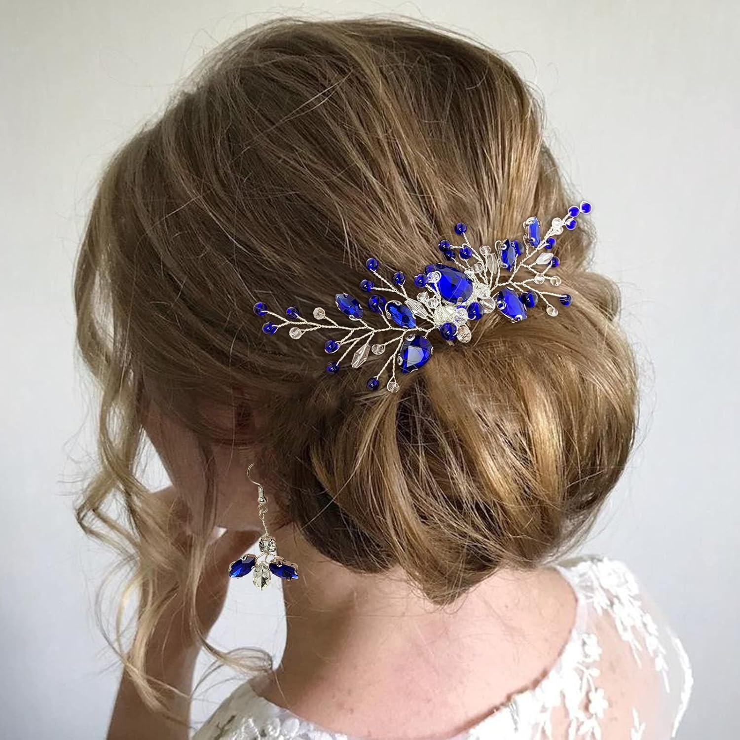 Bridal Crystal Hair Comb and Earrings Set Elegant Bride Wedding Hair Piece Accessories for Women Prom Party Photography (Royal Blue) image number 5