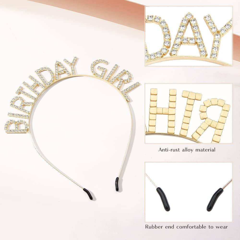 Birthday Sash and Crown, Girl Headband Tiara Rhinestone, Happy Birthday Sash, Glitter Golden Yellow Accessories Set, Party Decorations, Supplies Stuff Gifts for Girls Princess Queen Women Adult Woman image number 3