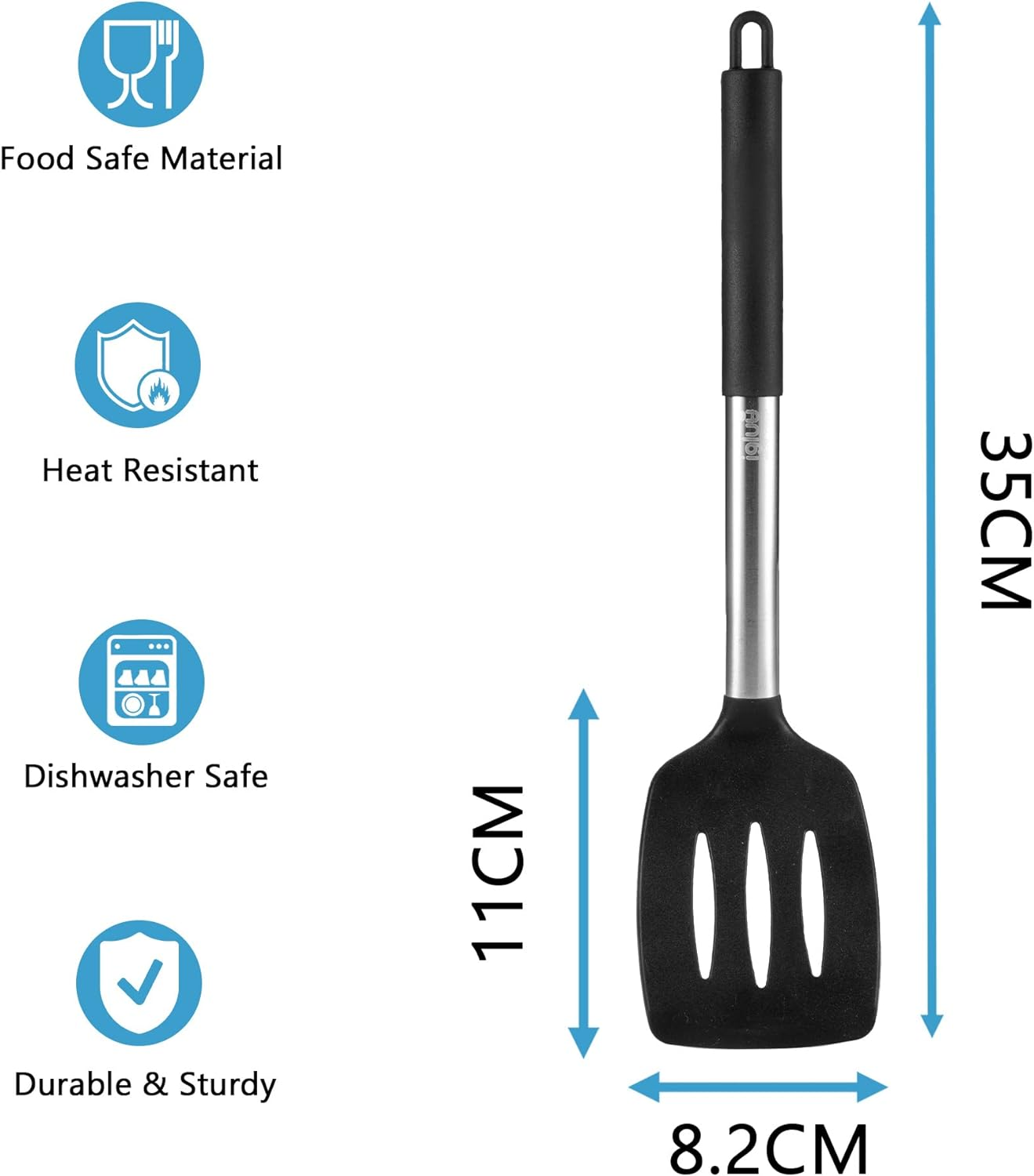 Igluu Meal Prep Black Silicone Slotted Turner Spatula Heat Resistant Non-Stick Soft Grip, Stainless Steel image number 2