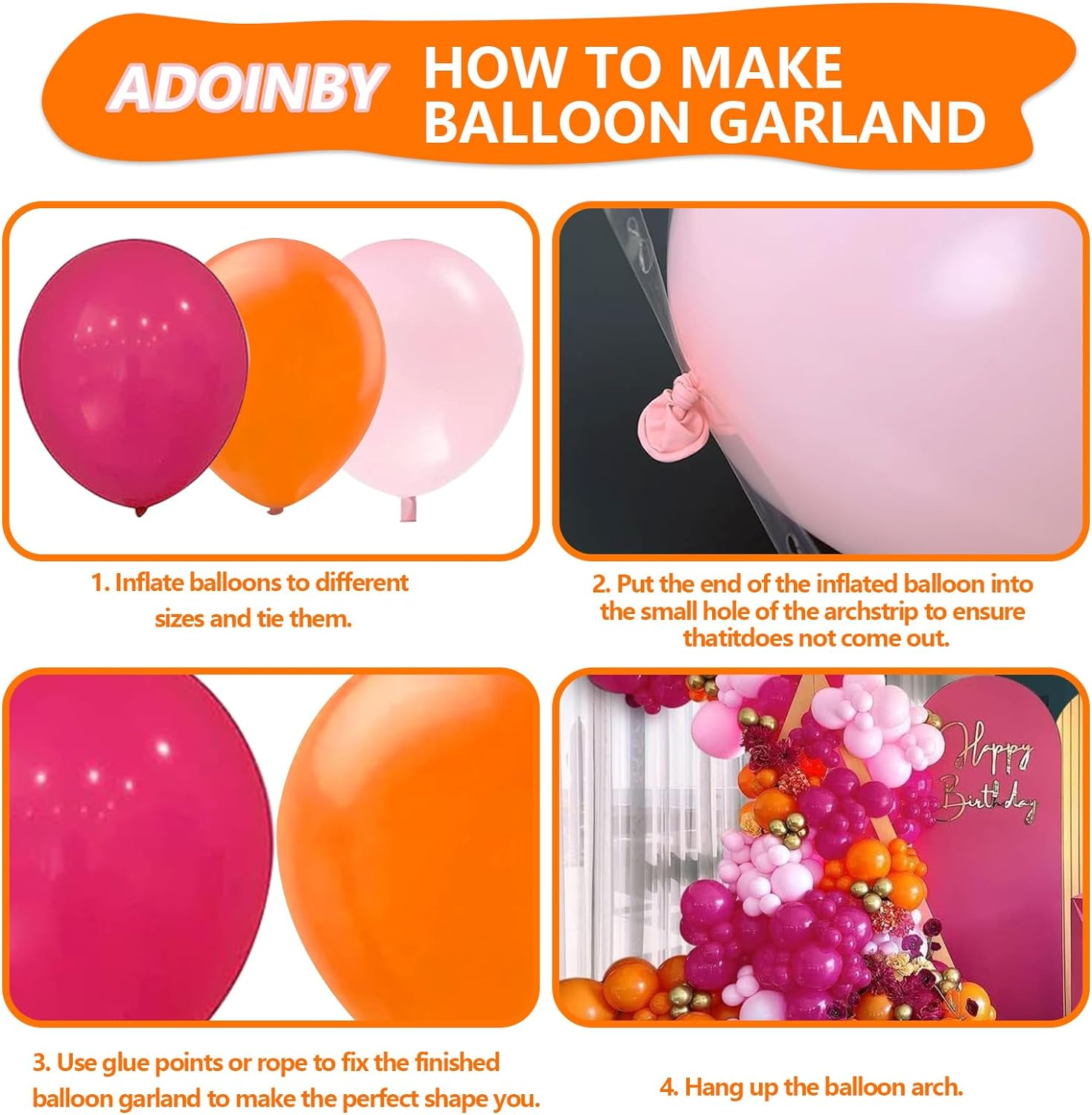 Pink and Orange Balloon Arch Kit, ADOINBY 161Pcs Hot Pink Orange Metallic Gold Latex Balloon Garland Kit, 18 12 10 5 Inch Different Size Balloons for Birthday Baby Shower Wedding Party Decorations - Blue image number 2