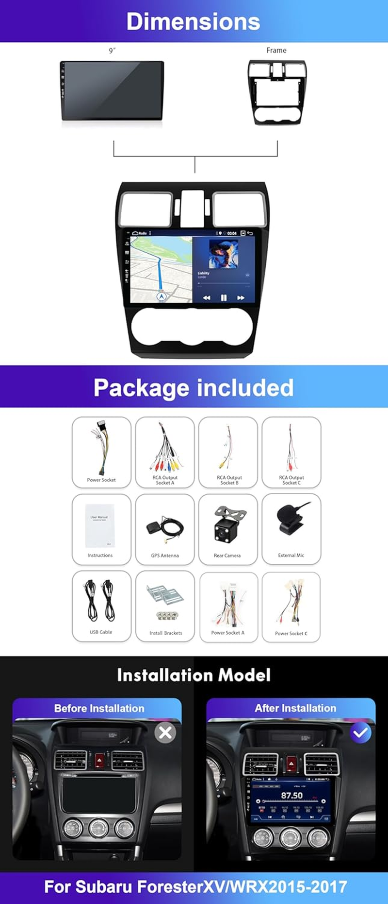 6G+128G Car Stereo Radio Player for Subaru Forester/Xv/Wrx 2012-2017 GPS Sat Navi Android 14 Wifi Wireless Carplay Android Auto DSP FM AM Mirror Link SWC Camera+Mic image number 1