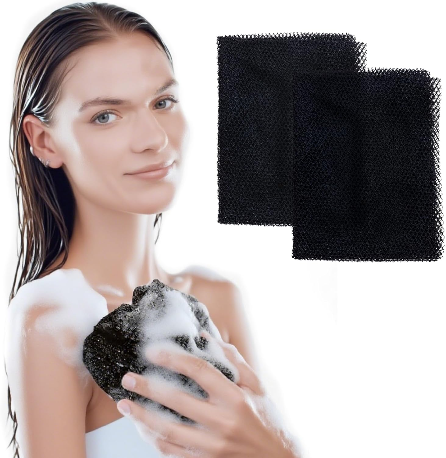 2 Pcs African Net Sponge Authentic Black Bath Sponge, Exfoliating Shower Scrubber Body Scrubber for Women Men, Back Scrubber for Shower