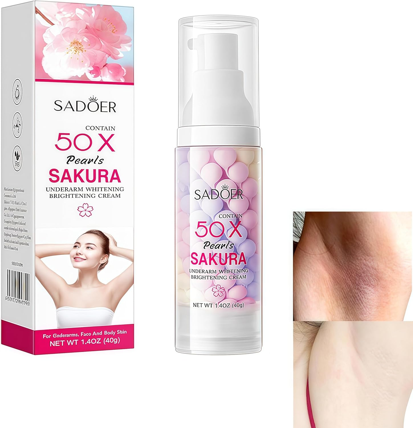 Skin Whitening Cream Gentle Formula Cherry Blossom for Dry Arm Black Spots Body Legs Underarms Bikini Area Skin Whitening Bleach with Smoothness Moisturizng 40G 1.4OZ