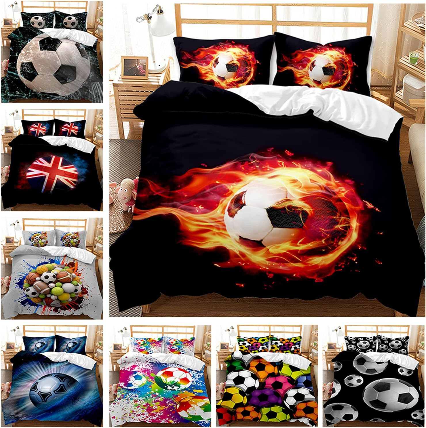 Eveone Football Duvet Cover Quilt Cover Single/Double/Queen/King Size Bed Sheets Pillowcase Set Sports World Cup Soccer Cuju Ball Games Microfiber Quilt Cover Bedding 2/3/4PCS (Queen-210*210Cm-4Pcs,9) image number 4