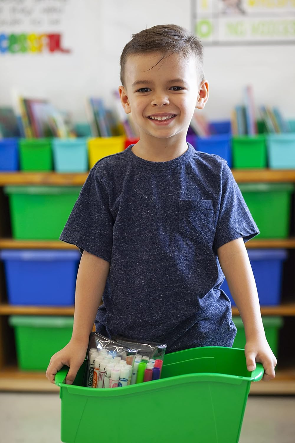 Storex Large Book Bin, Interlocking Plastic Organizer for Home, Office and Classroom, Green, 6-Pack (71104U06C) image number 2