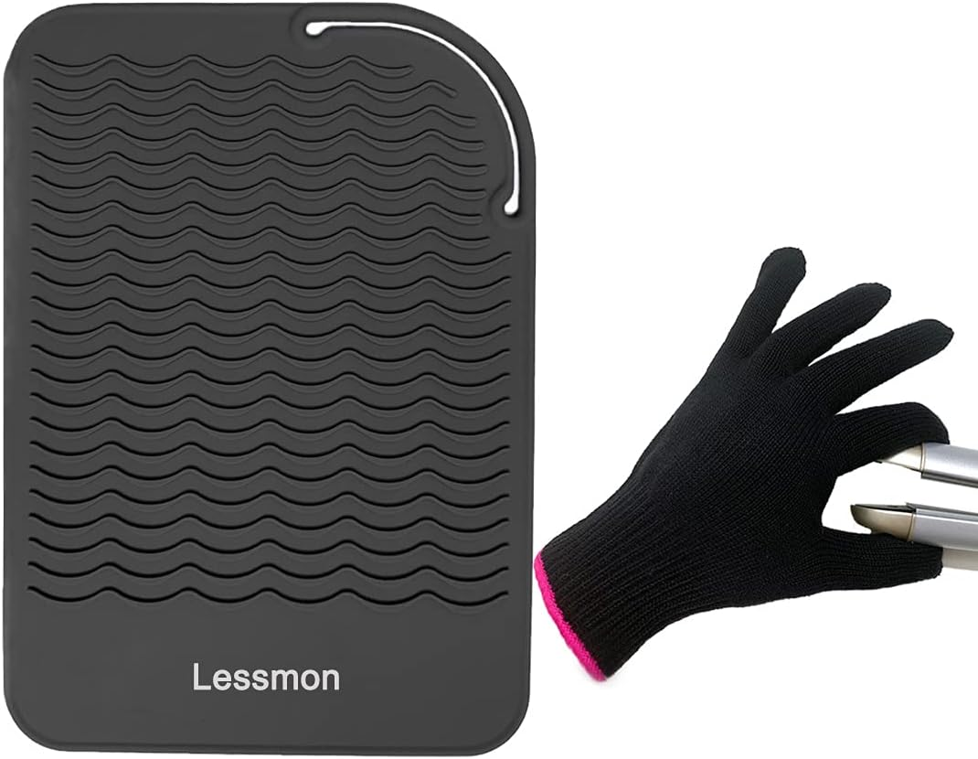 Travel Pad for Straighteners, Curling Iron Counter Protector with Heat Resistant Glove for Curling Irons, Straighteners, Straighteners and Hair Styling Tools, 9 X 6.5 Inches, Black by Lessmon