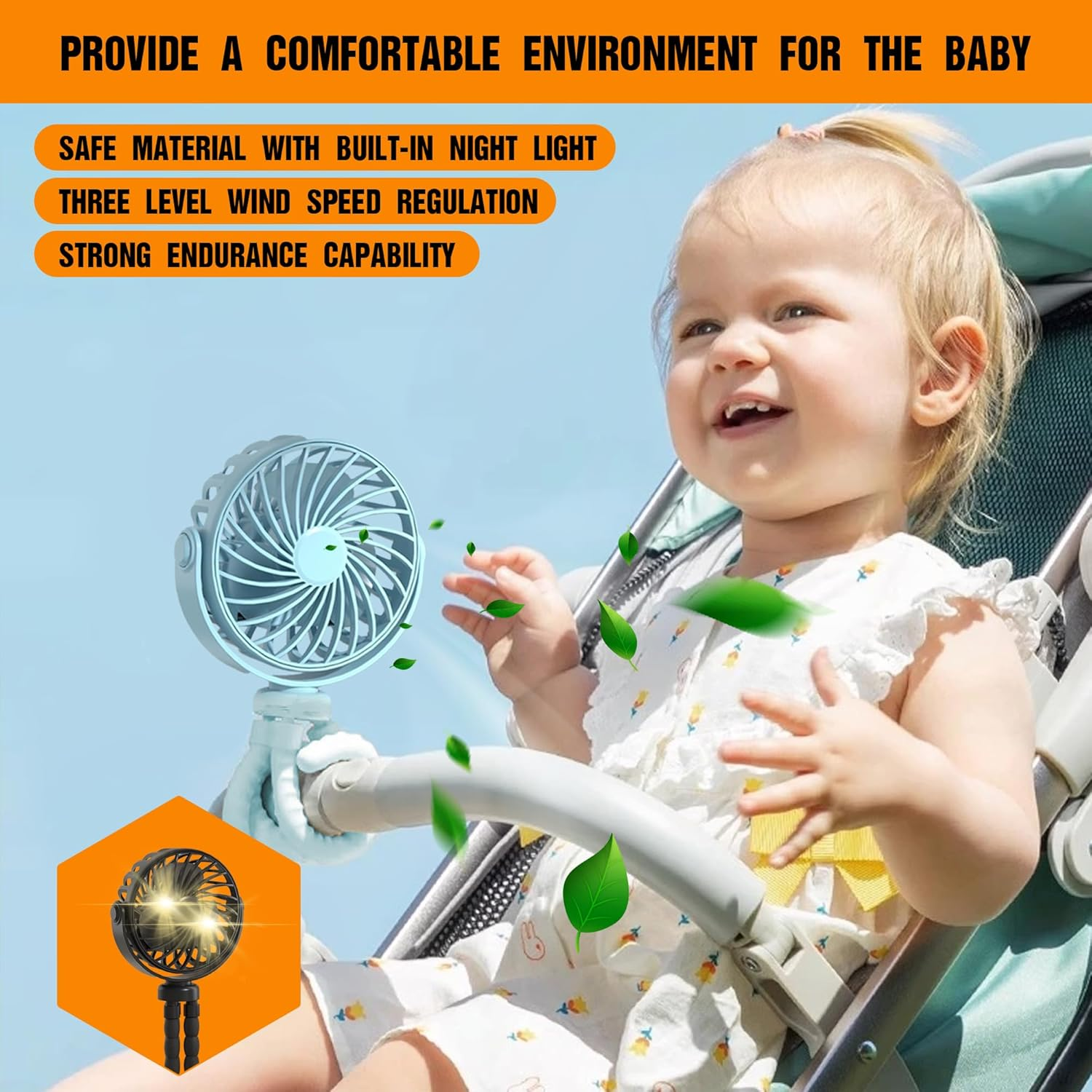 Mini Portable Stroller Fan, Hand Held Fan, 3 Gears, USB Rechargeable, 360&deg; Rotation, Flexible 3-Legged Small Fan, Suitable for Car Seat, Baby Bed, Treadmill and Travel (Black) - Blue image number 4