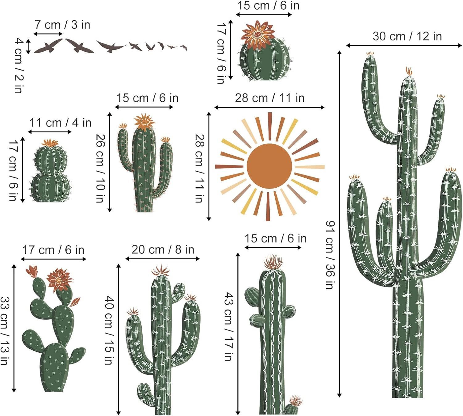 Wondever Boho Cactus Wall Stickers Tropical Cacti Green Plants Peel and Stick Wall Art Decals for Living Room Bedroom Dining Room