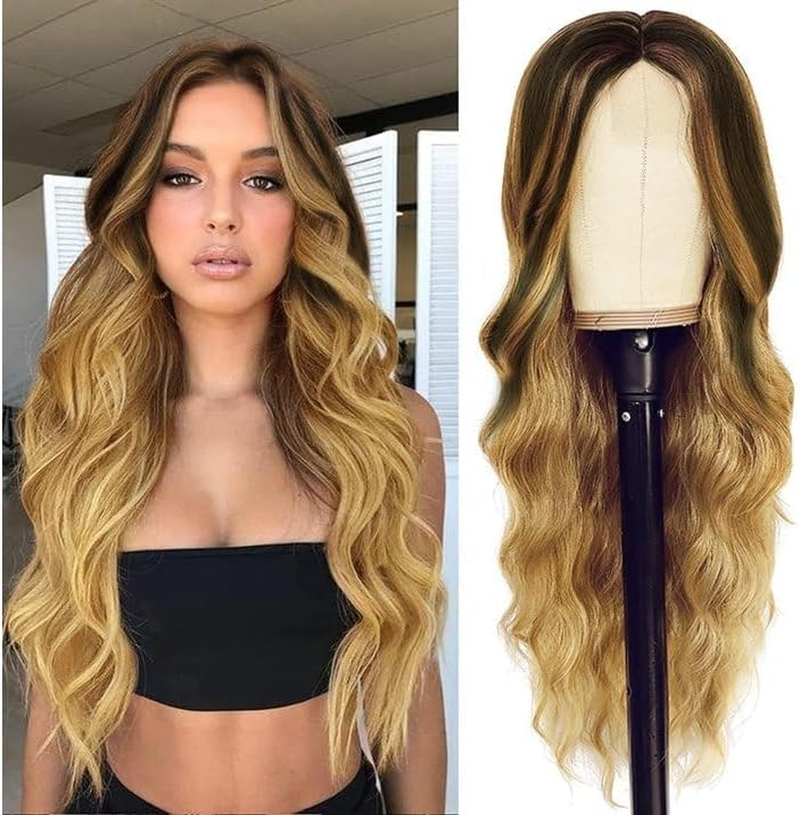 QUEENTAS 24 Inch Blonde Long Curly Wigs for Women Wavy Synthetic Hair Wig（Black Mixed Blonde） image number 3