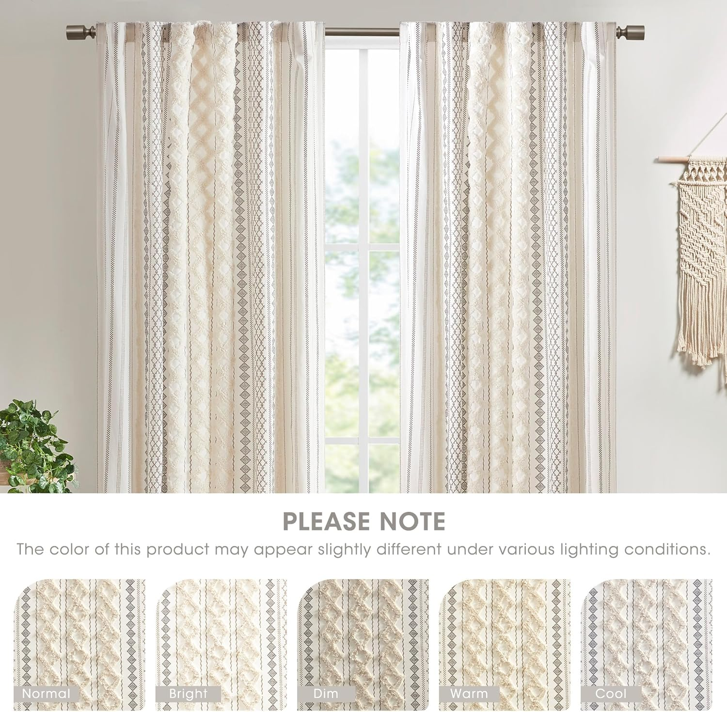 INK+IVY Imani 100% Cotton Single Panel Curtain Tufted Chenille Stripe Geometric Print Mid-Century Look Rod Pocket Top Drape for Living Room, Privacy Window Treatment for Bedroom, 50" X 84", Ivory