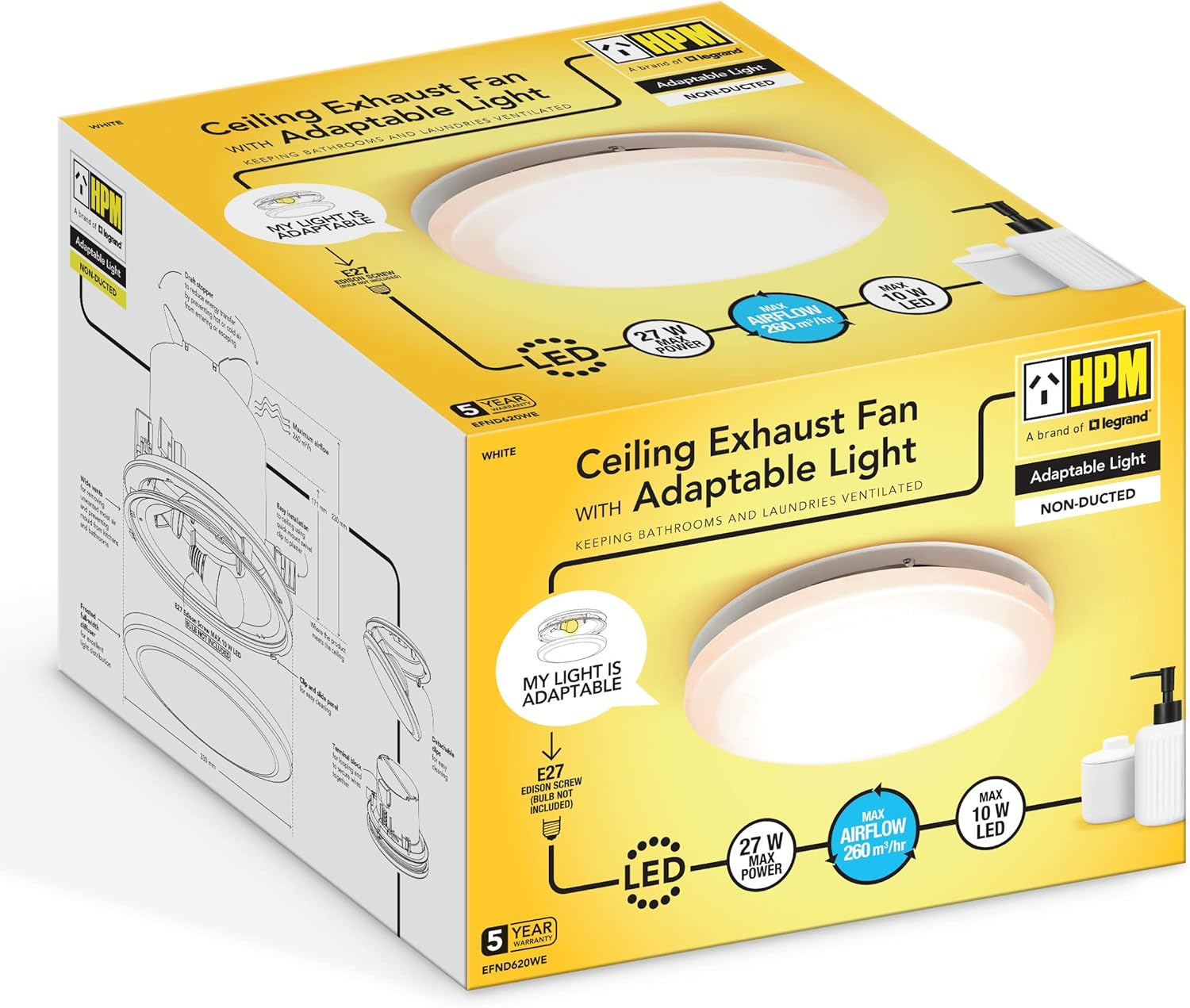 HPM Non-Ducted Ceiling Exhaust Fan with Adaptable Light, White