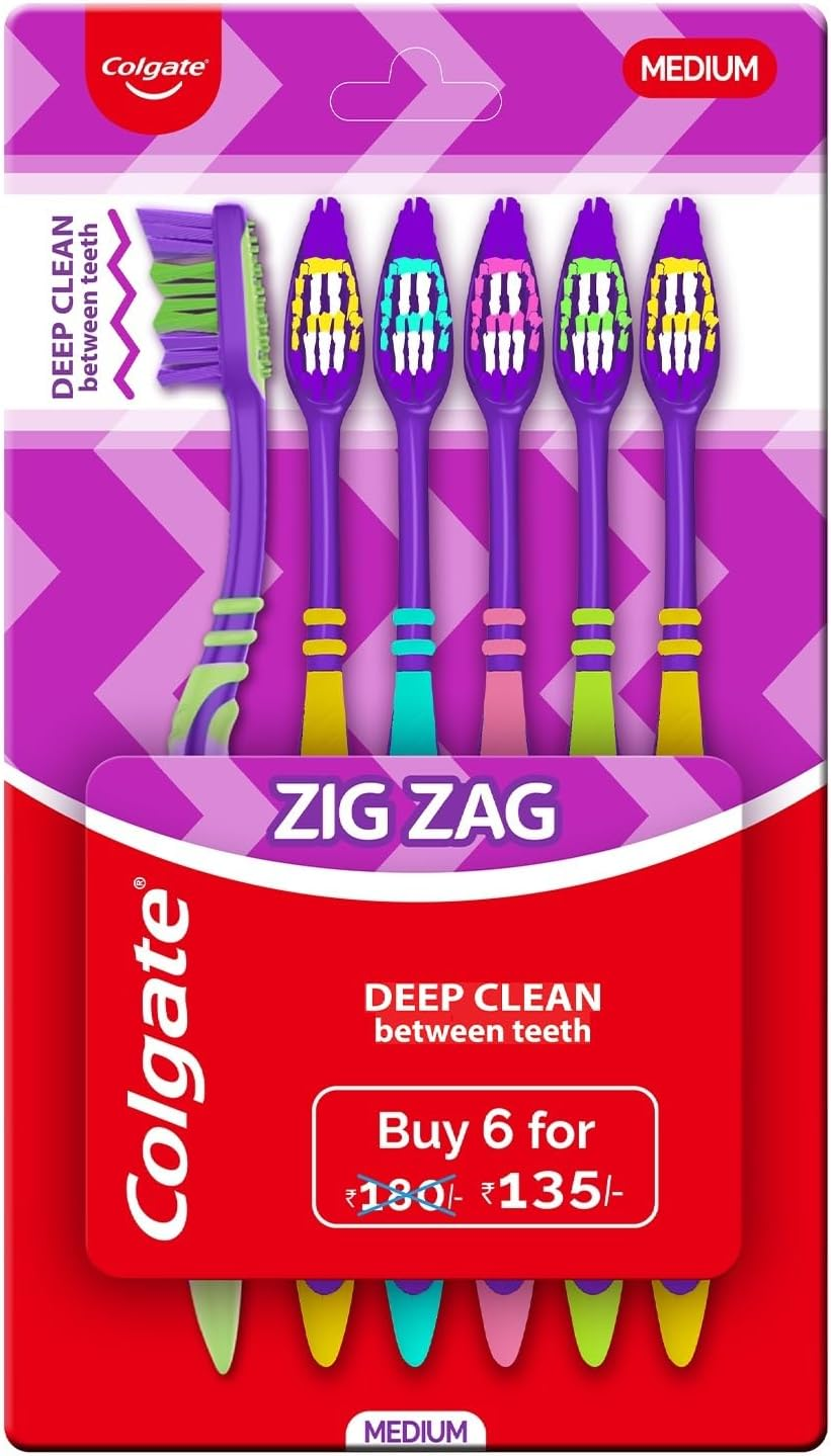 Colgate Zigzag Toothbrush for Deep Inter Dental Clean with Multi Angle Zig Zag Bristles (Medium, Pack of 6)