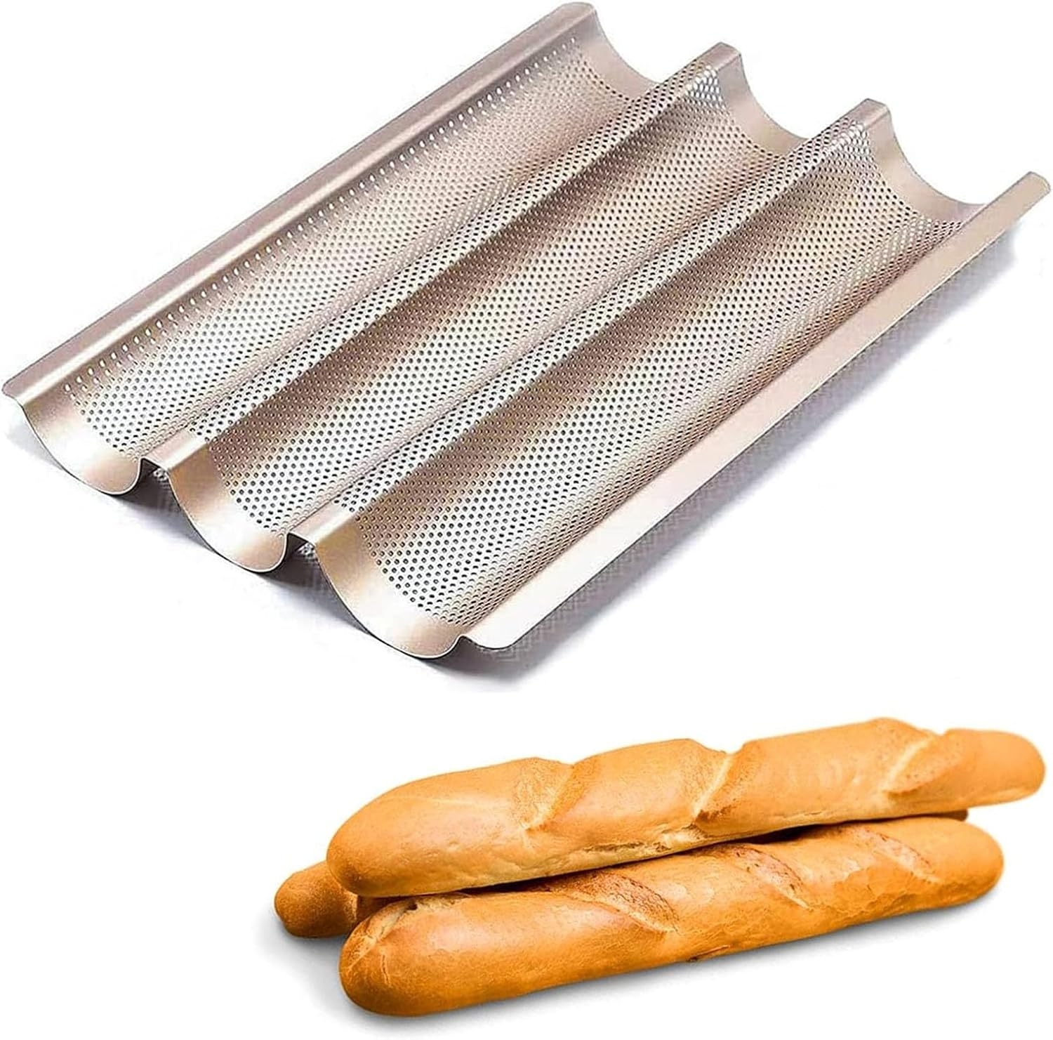 Nonstick Perforated Baguette Pan - 15" X 11" French Bread Baking Pan with 3 Wave Loaves, Perfect for Oven Toaster, Baking Mold, and Cooking Bakers - Durable Non-Stick Surface