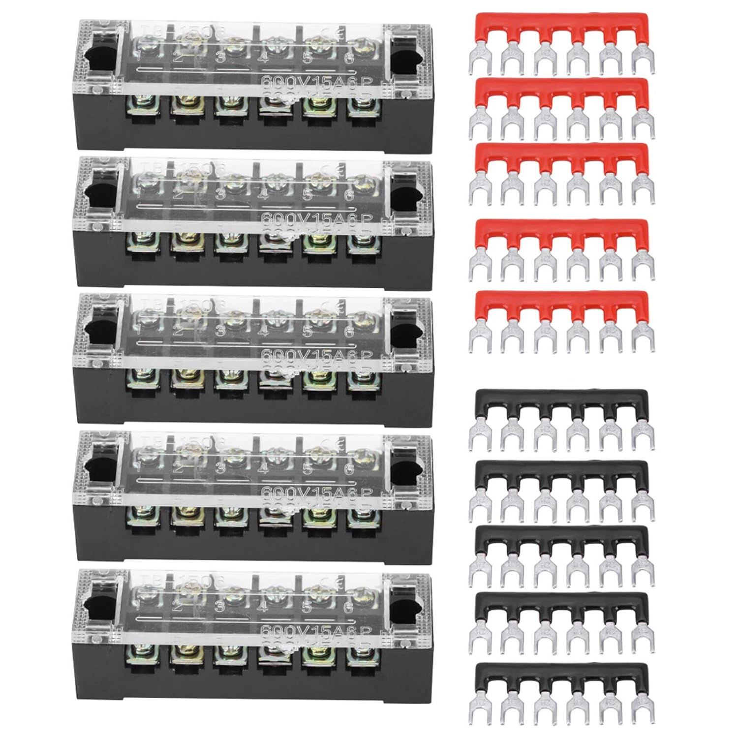 SOULONG 6 Position 15A Screw Terminal Block Dual Row Barrier Strip Pre-Insulated Terminal Block for Home Appliances Electronic Circuits with 5 10 Strips image number 1