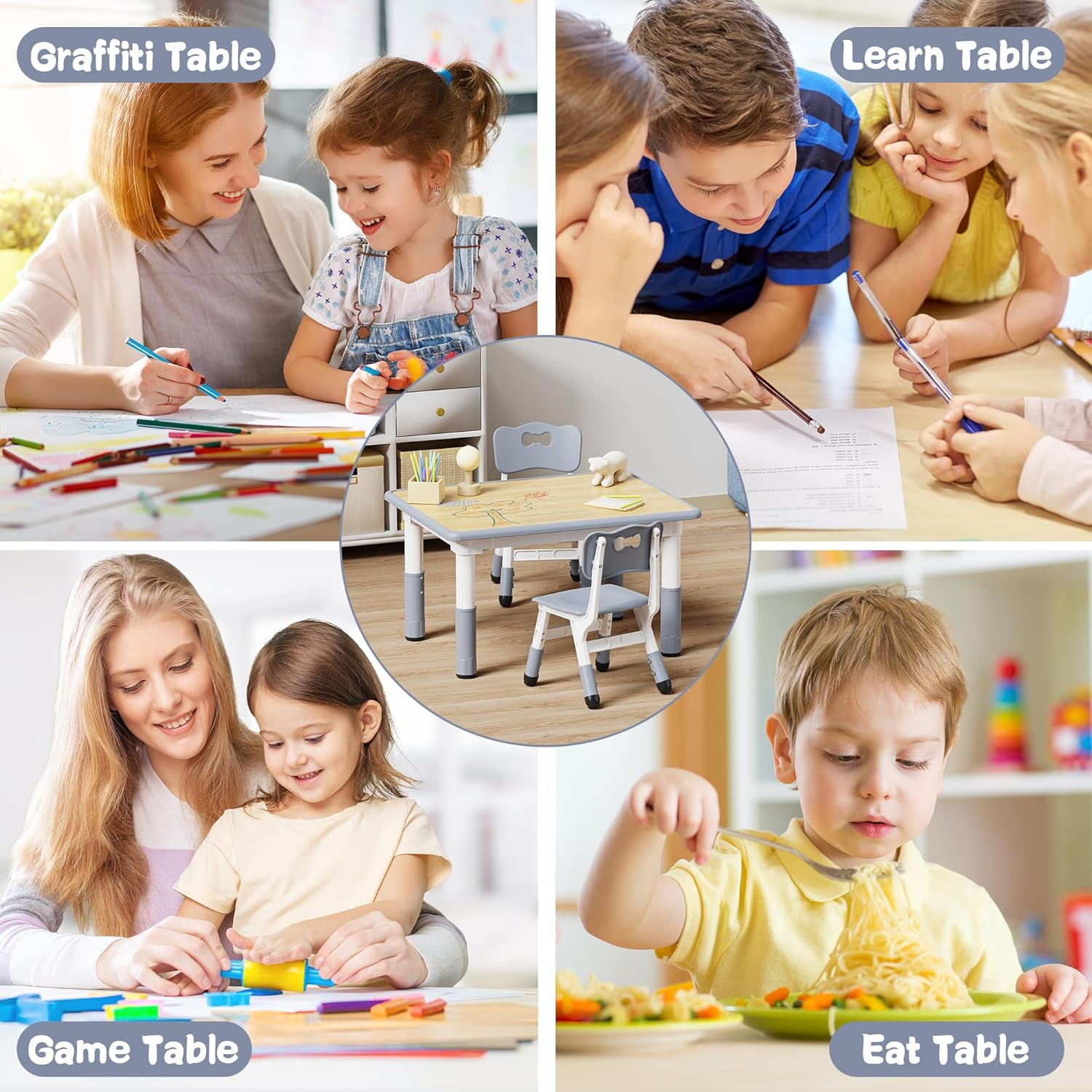 Brelley Kids Table and 2 Chairs Set, Height Adjustable Toddler Table and Chair Set, Graffiti Desktop, Classroom/Daycare/Home, Children Multi-Activity Table for Ages 2-8 image number 5