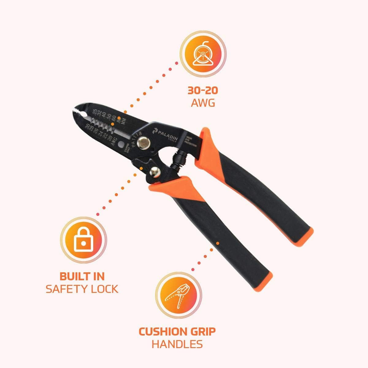 Paladin Tools 20-30 AWG Wire Stripper and Wire Cutter - Professional Grade, Heavy Duty Wire Stripping Tool