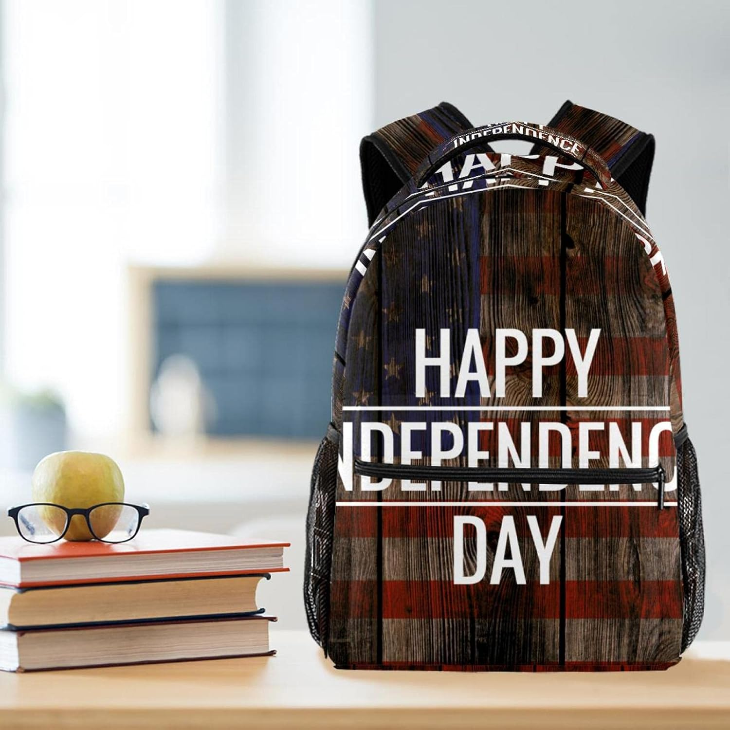 Happy Independence Day on Usa Flag Grunge Wooden Background Backpack Students Shoulder Bags Travel Bag College School Tote Backpacks