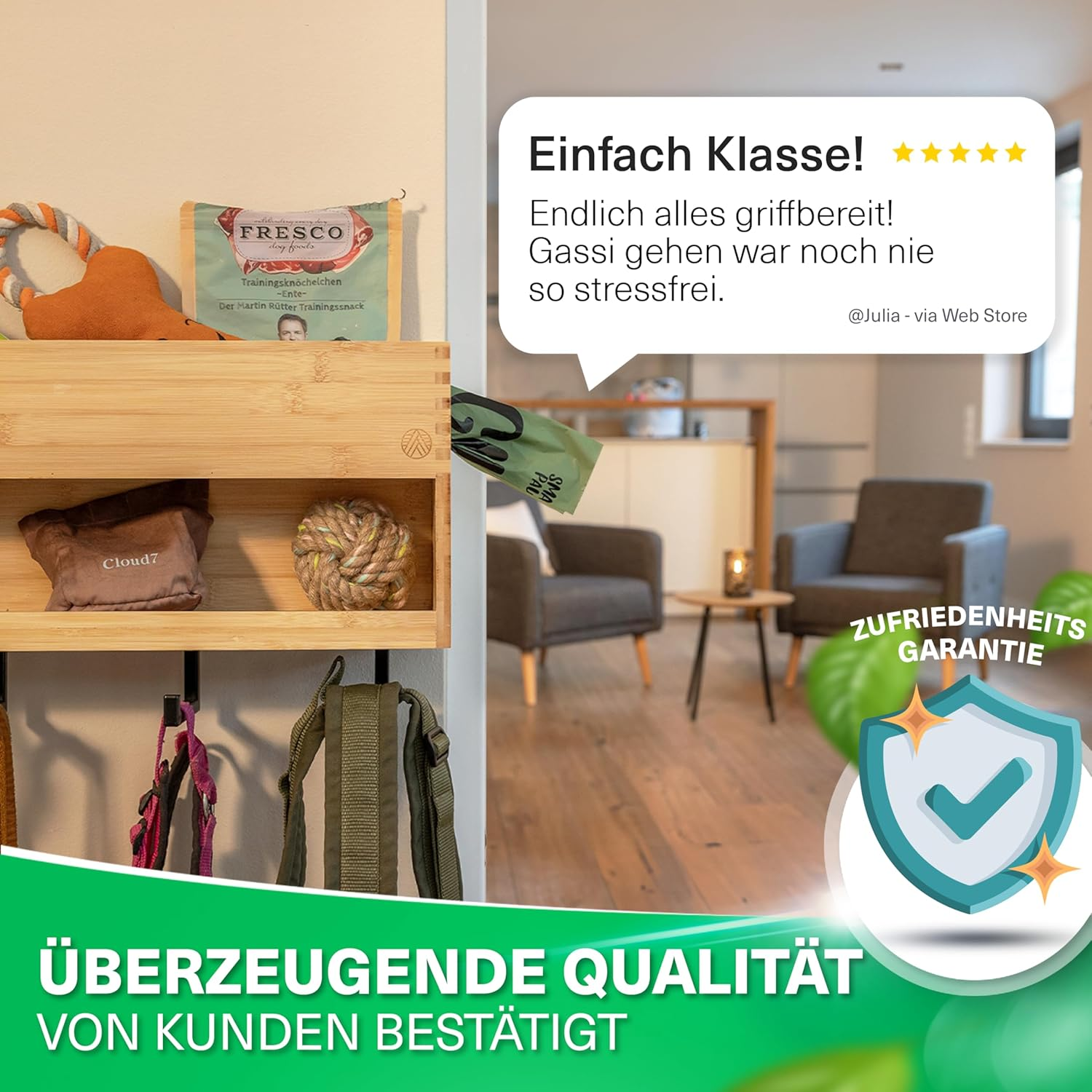 Velont XXL Dog Coat Rack with Shelf - Perfect Linen Parking Space - Environmentally Friendly Bamboo - Dog Station for Leads & Accessories - German Brand - Includes Waste Bag Dispenser, Free Mounting