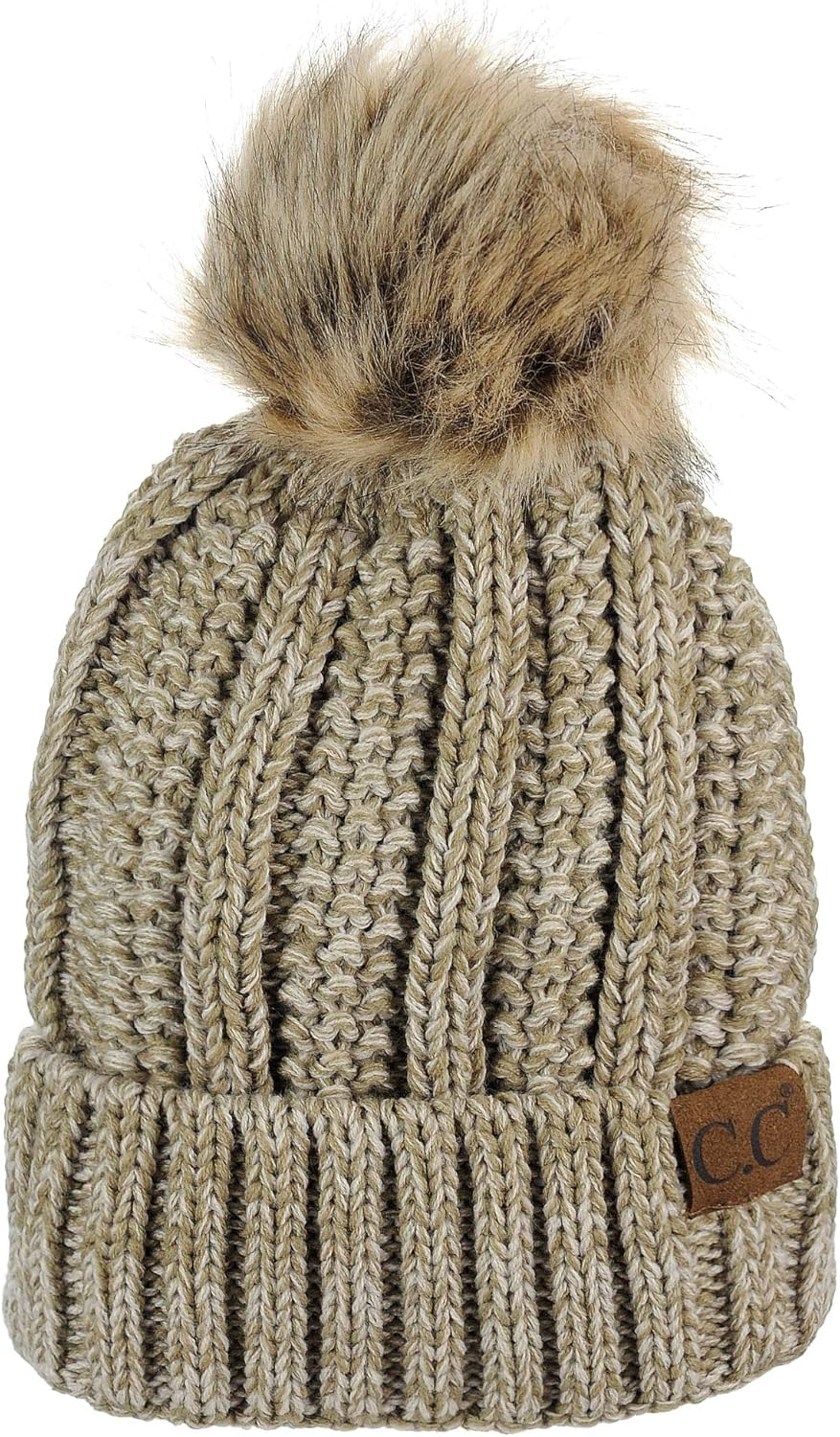 C.C Thick Cable Knit Faux Fuzzy Fur Pom Fleece Lined Skull Cap Cuff Beanie